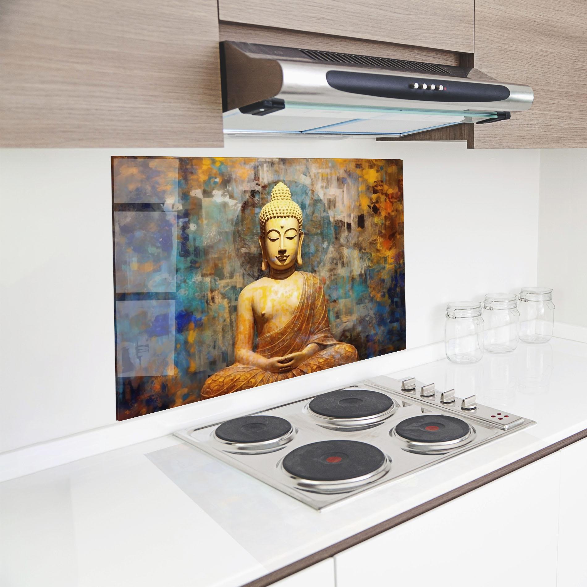 Küchenrückwand Glas Buddha Blue Gold mockup 8