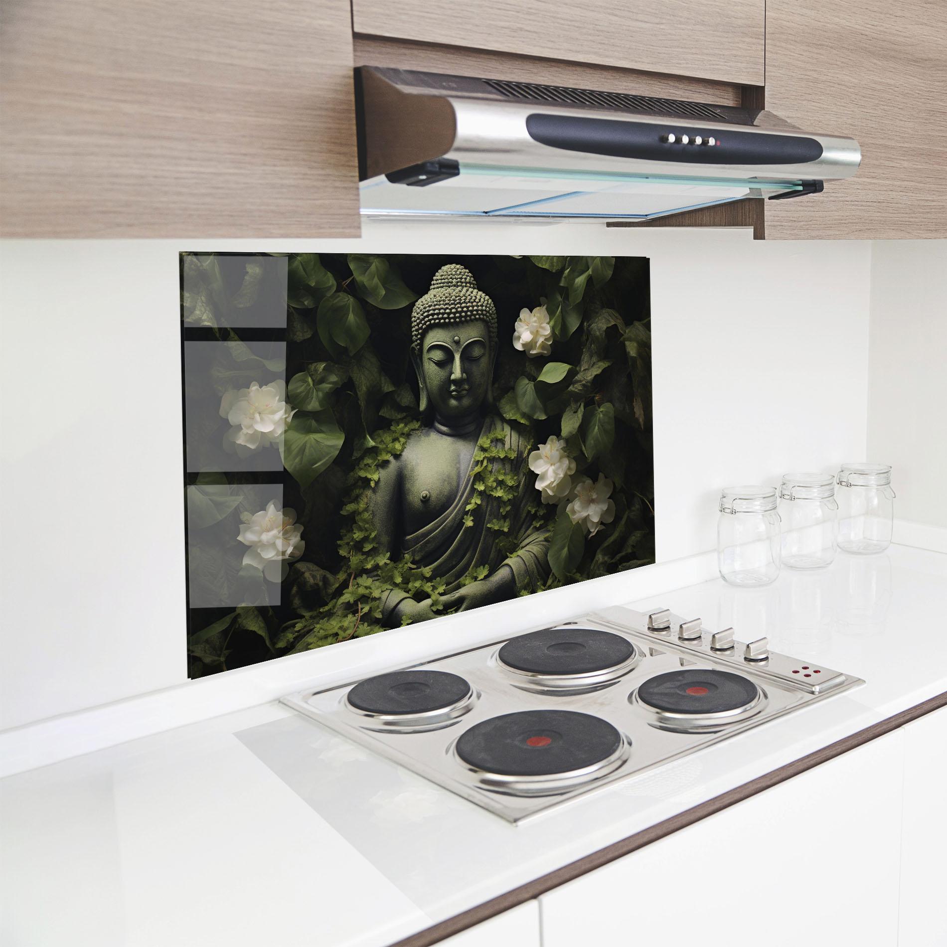 Küchenrückwand Glas Buddha Lotus Statue mockup 8
