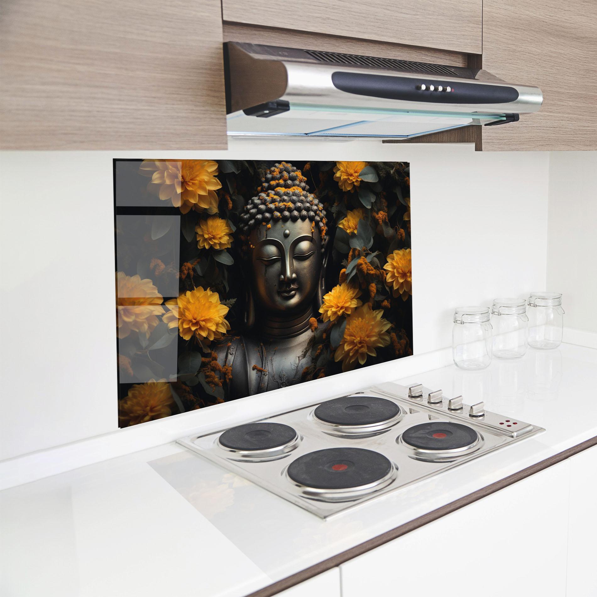 Küchenrückwand Glas Buddha Peace Statue mockup 8