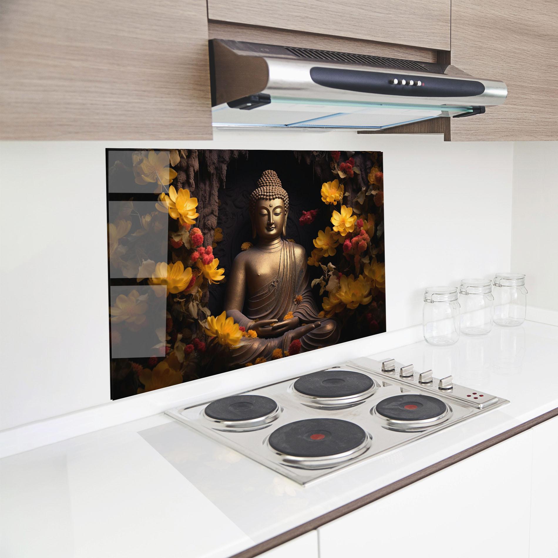 Küchenrückwand Glas Buddha Yellow Red mockup 8