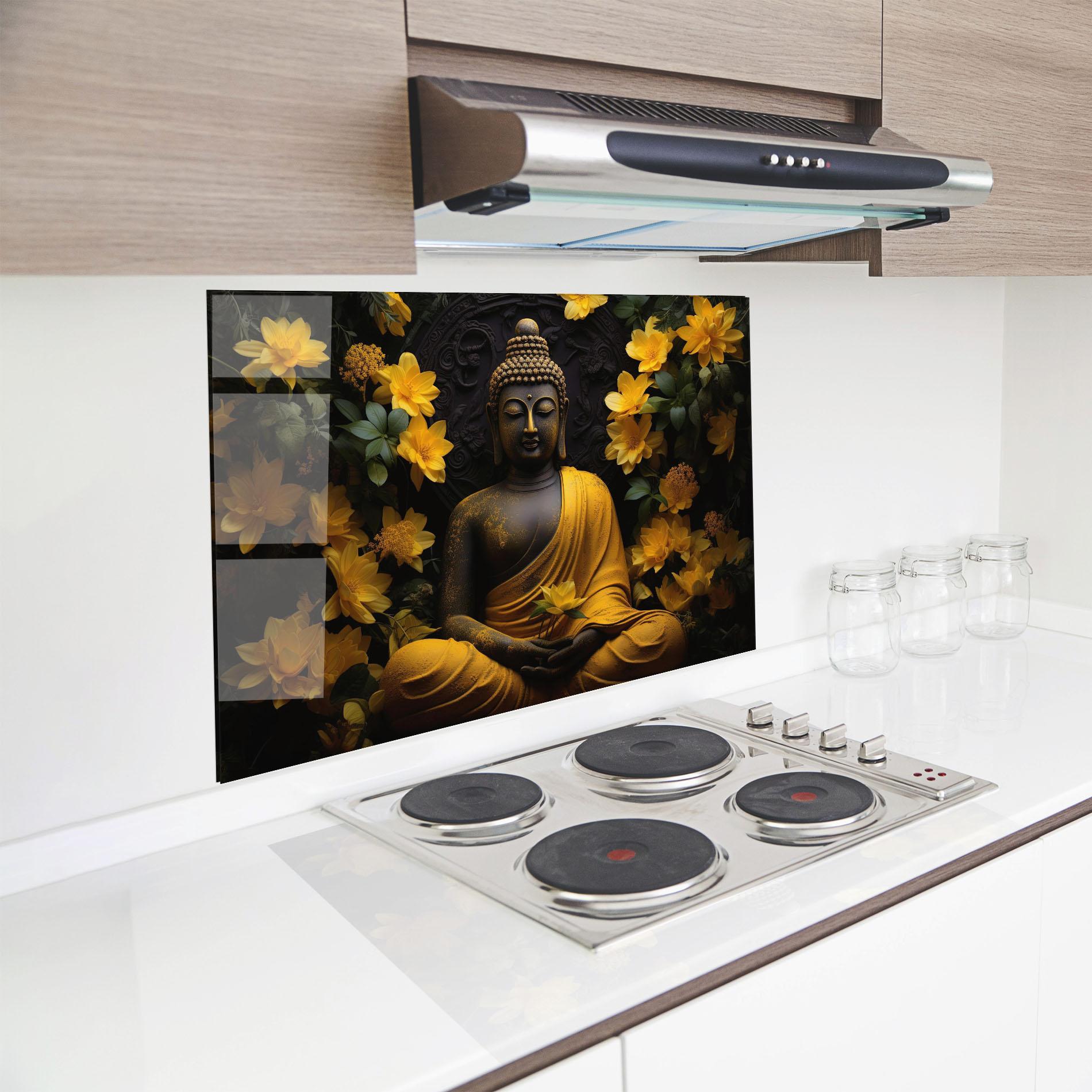 Küchenrückwand Glas Buddha Yellow Statue mockup 8