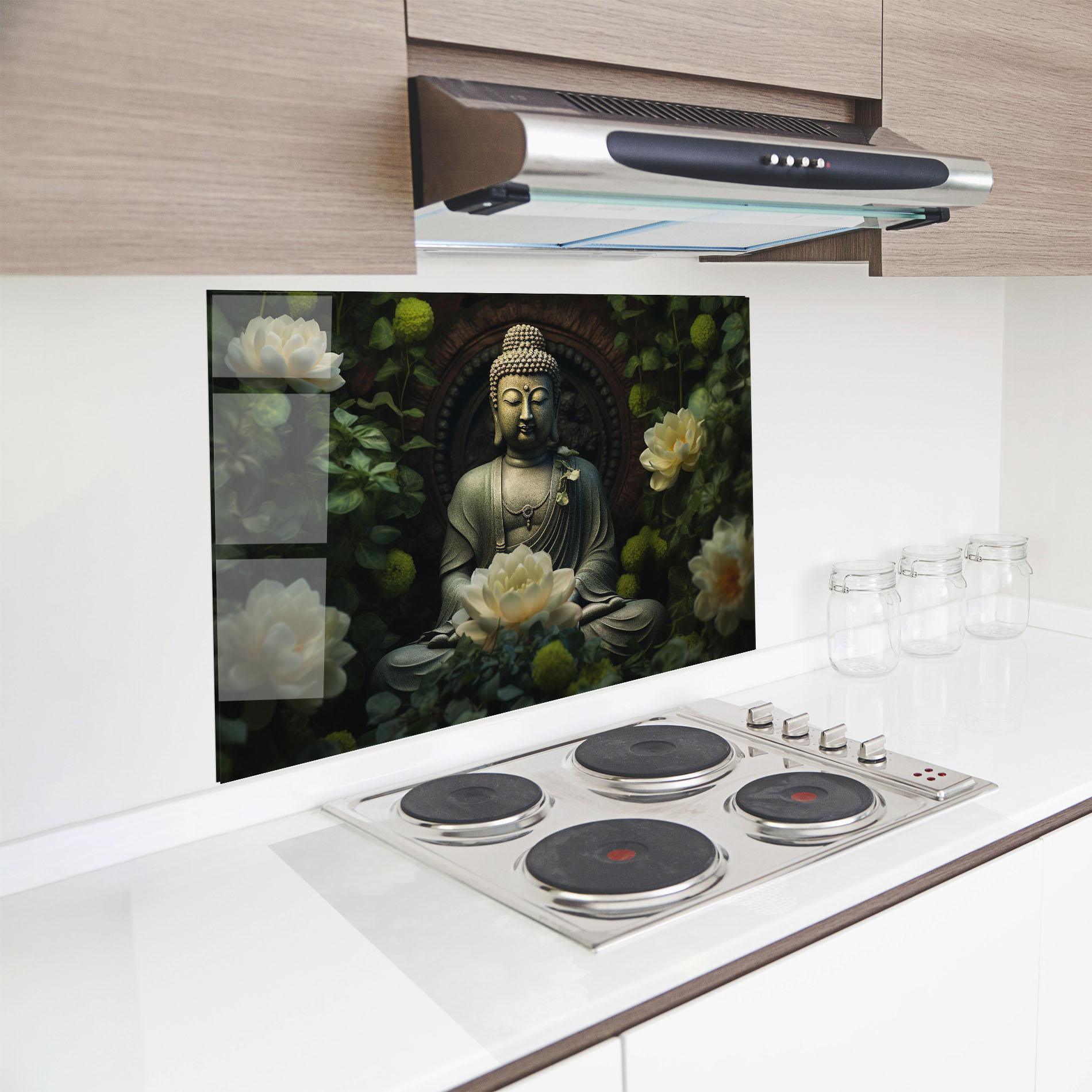 Küchenrückwand Glas Cream Flower Buddha mockup 8