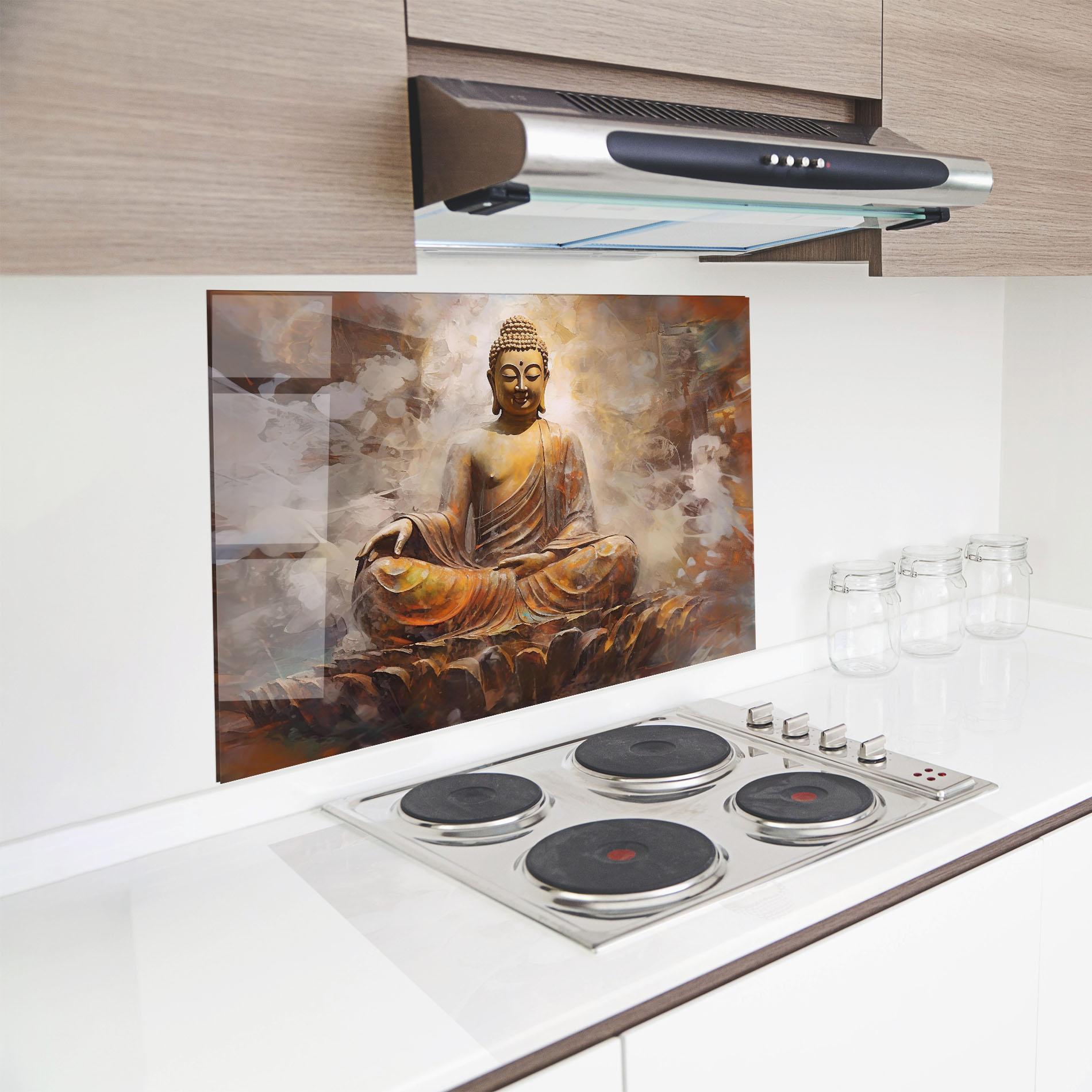 Küchenrückwand Glas Cream Orange Buddha mockup 8