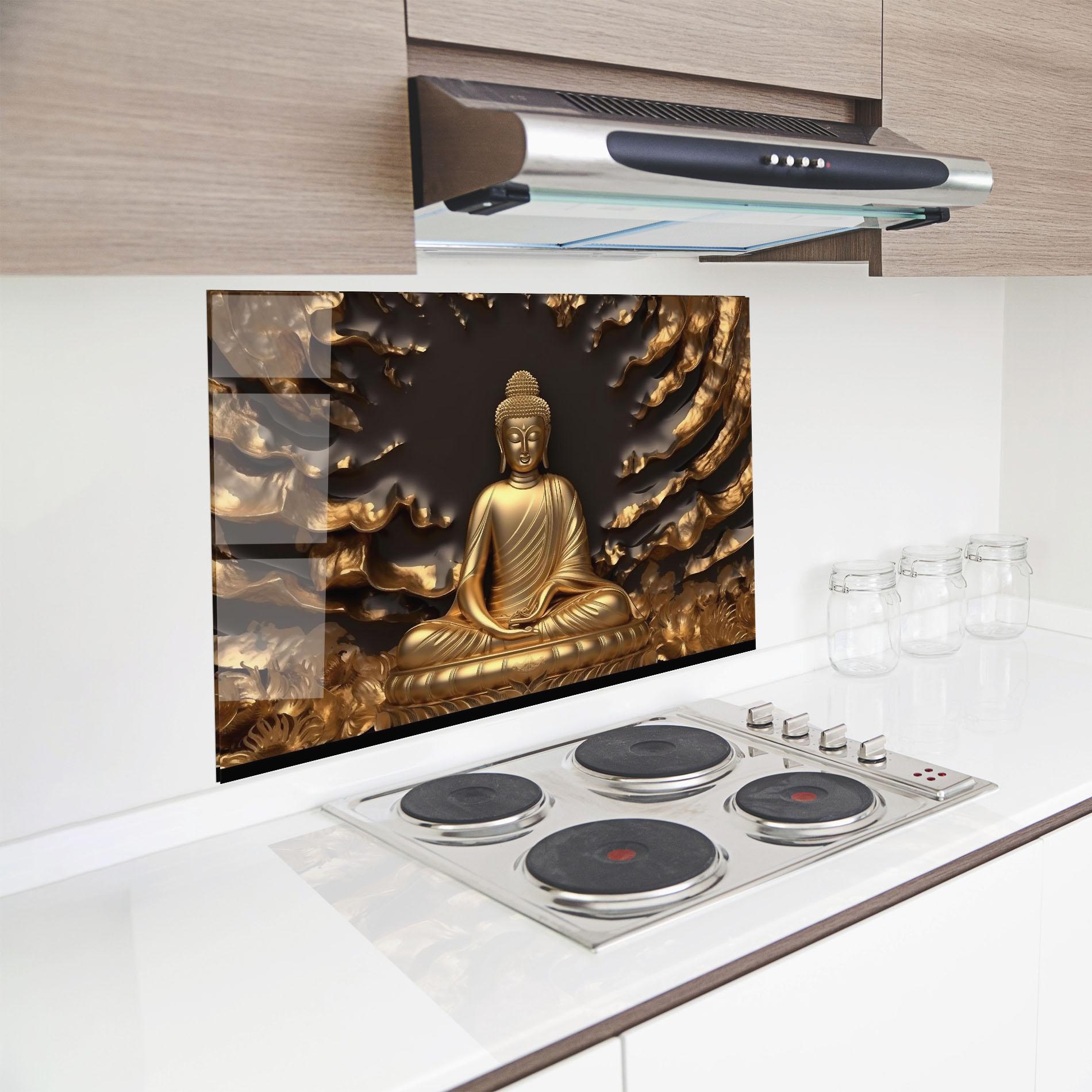 Küchenrückwand Glas Gold 3d Buddha mockup 8