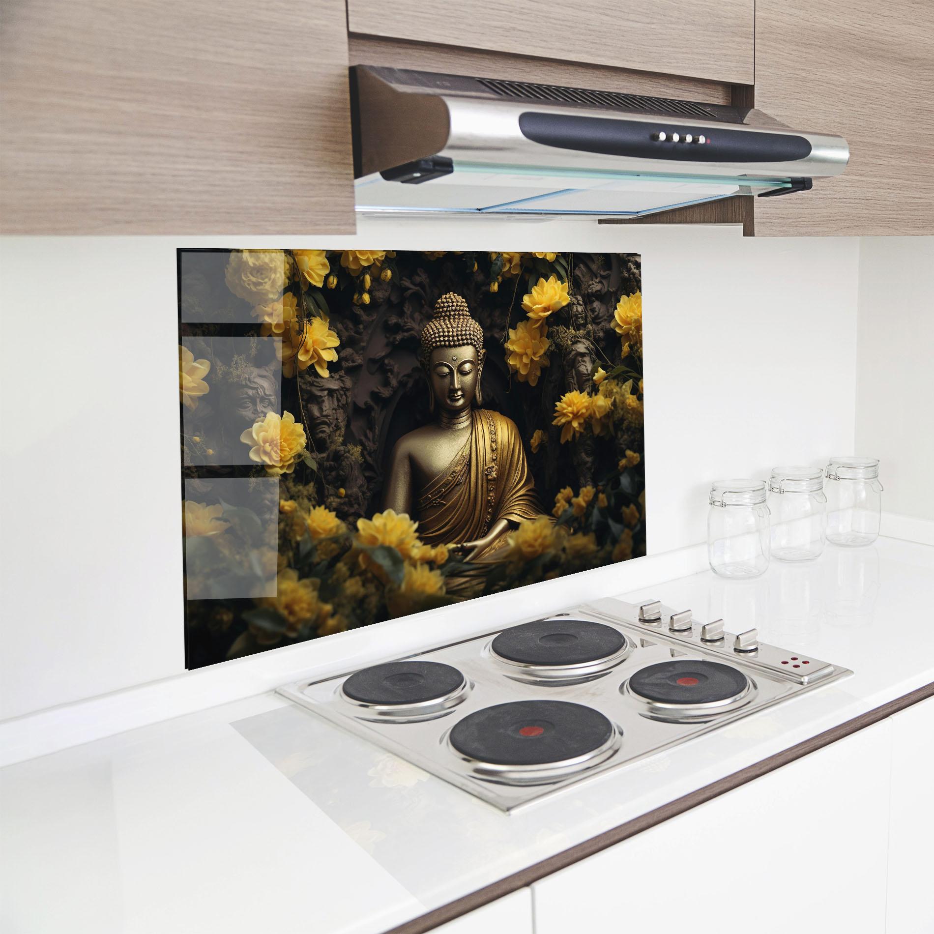 Küchenrückwand Glas Gold Buddha Flowers mockup 8