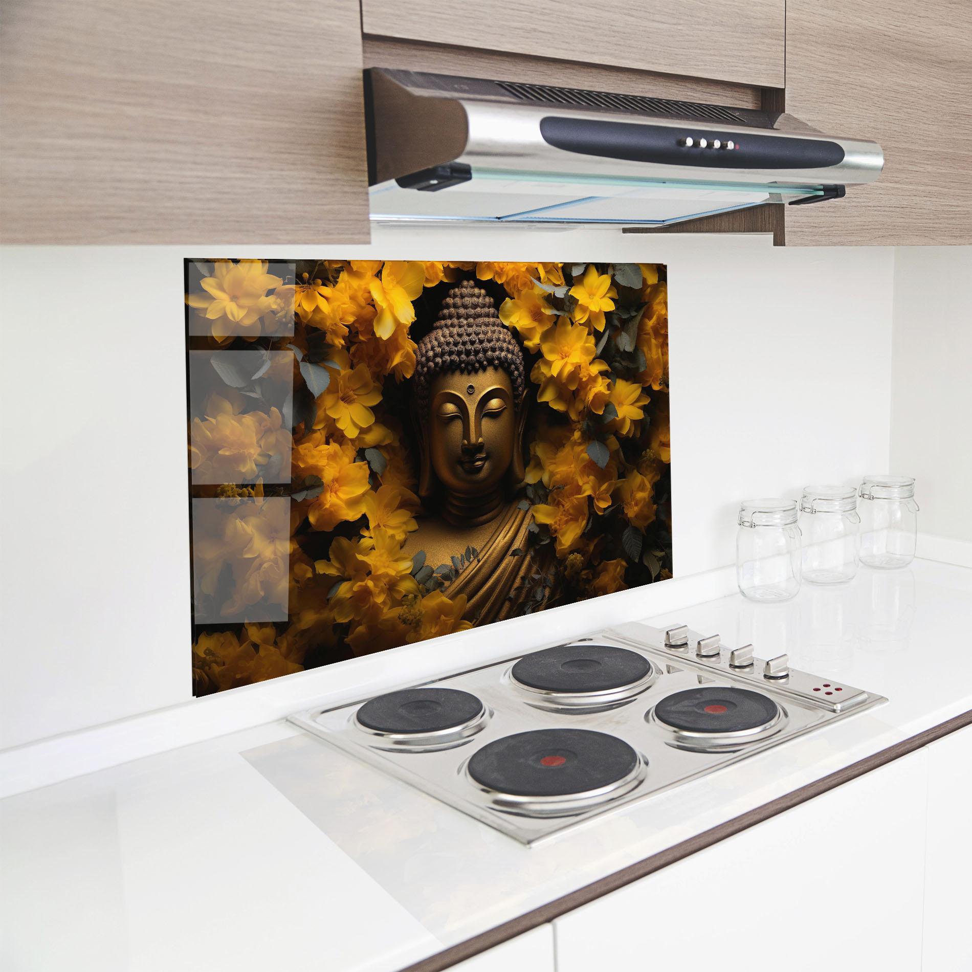 Küchenrückwand Glas Gold Buddha Meditation mockup 8