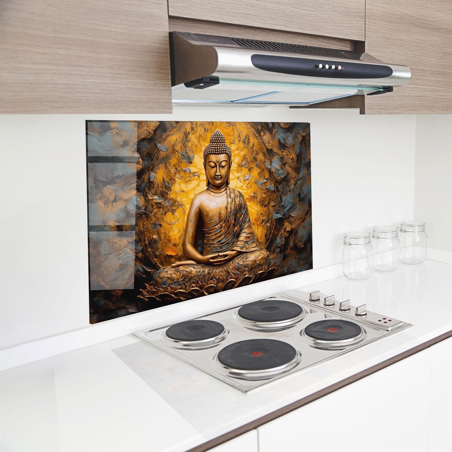 Küchenrückwand Glas Gold Grey Buddha mockup 8