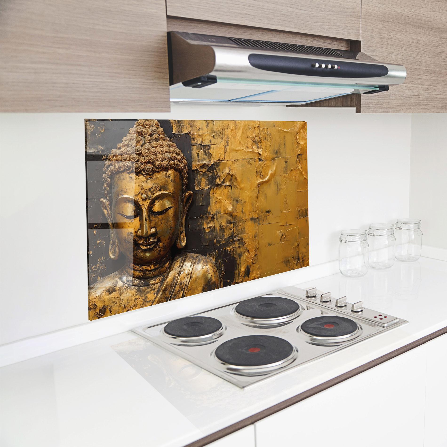 Küchenrückwand Glas Gold Paint Buddha mockup 8
