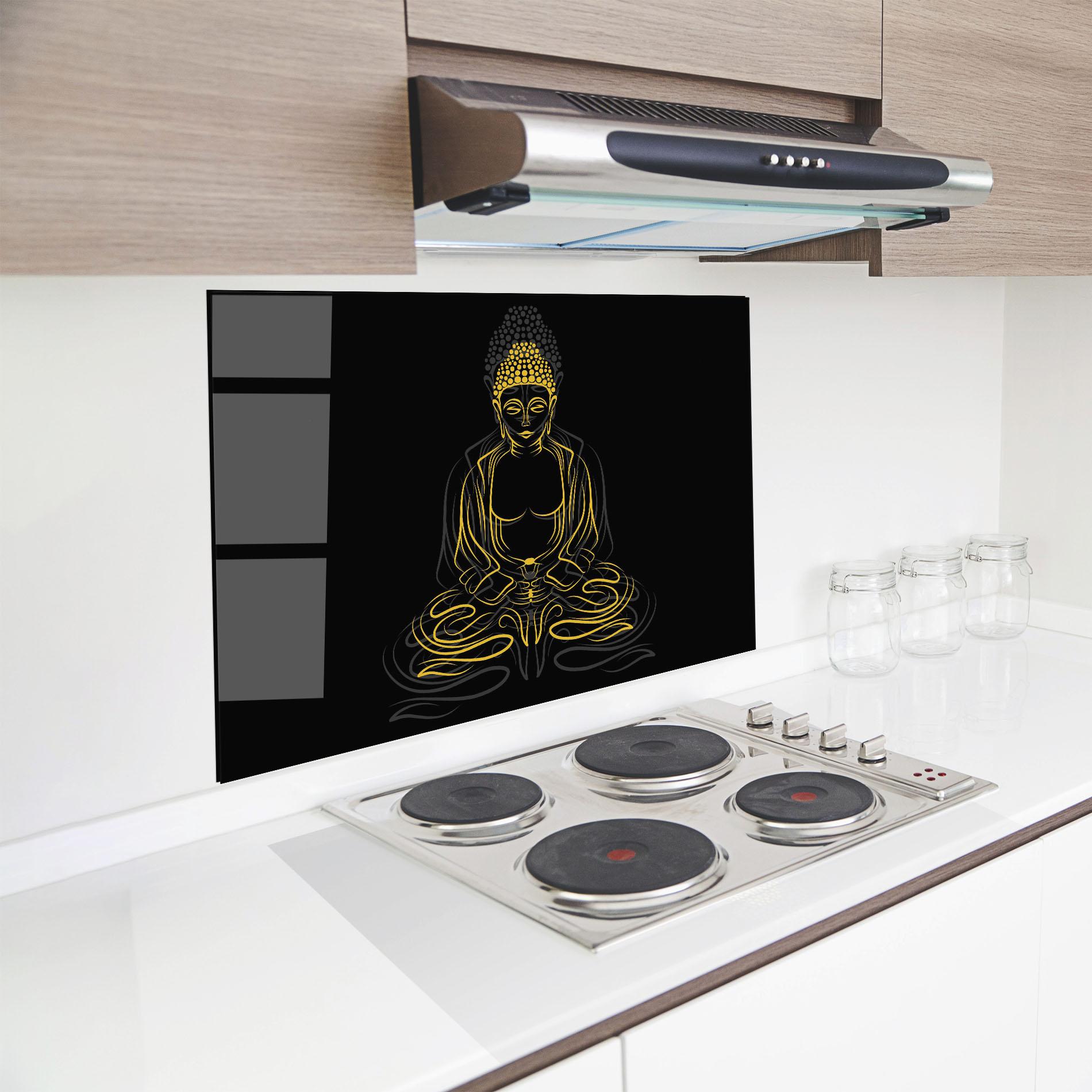 Küchenrückwand Glas Grey Yellow Buddha mockup 8