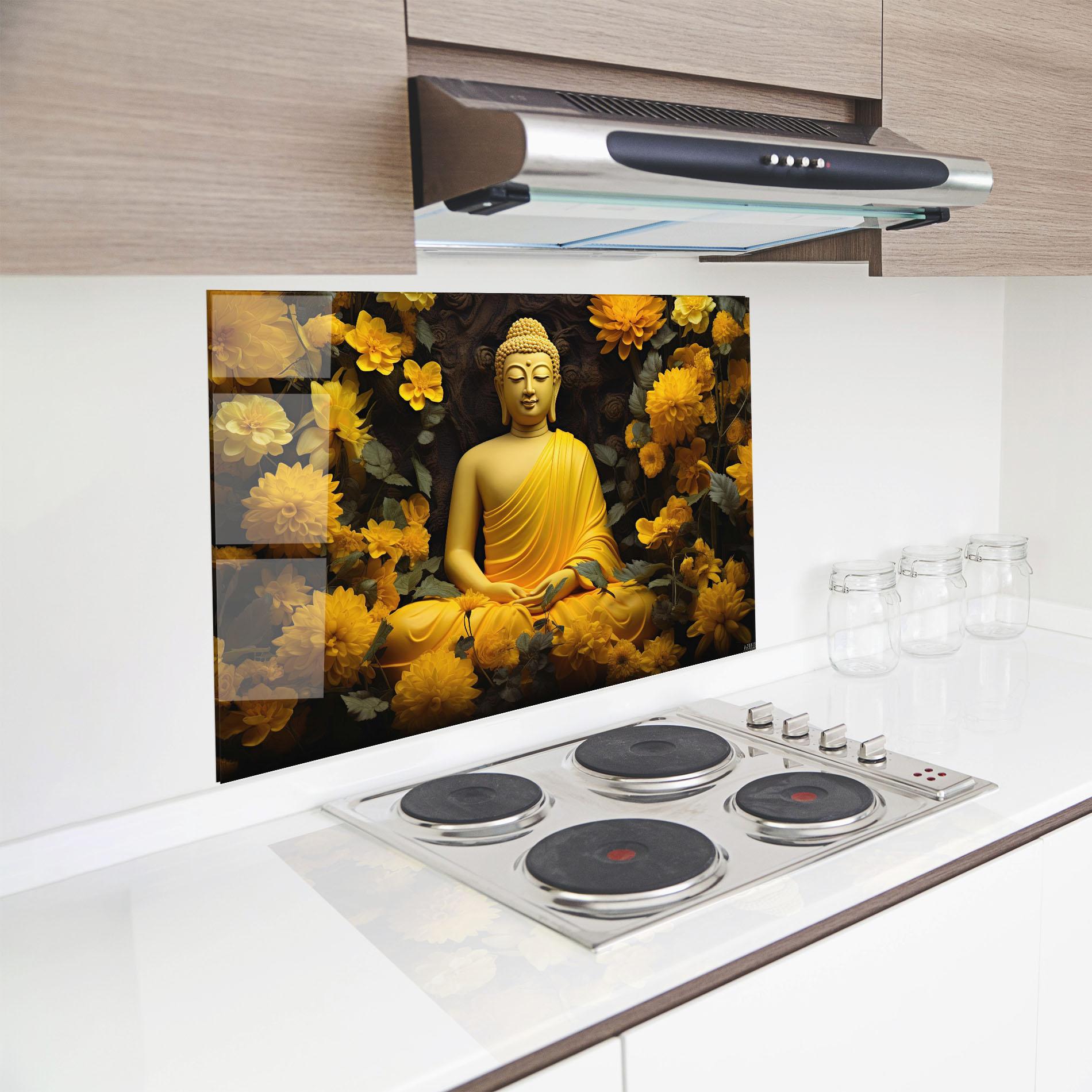 Küchenrückwand Glas Light Yellow Buddha mockup 8