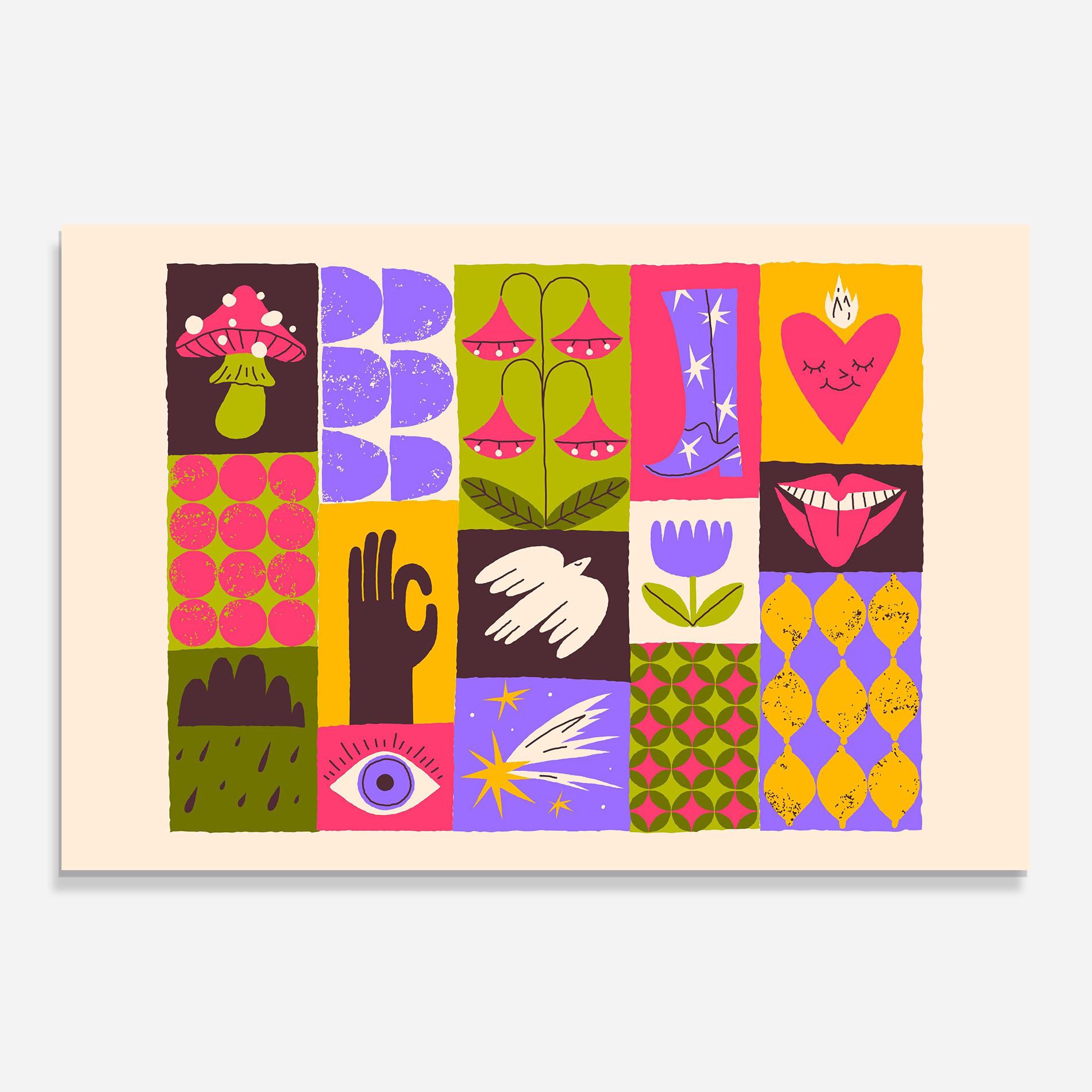 Küchenrückwand Glas Green Purple Collage mockup 0