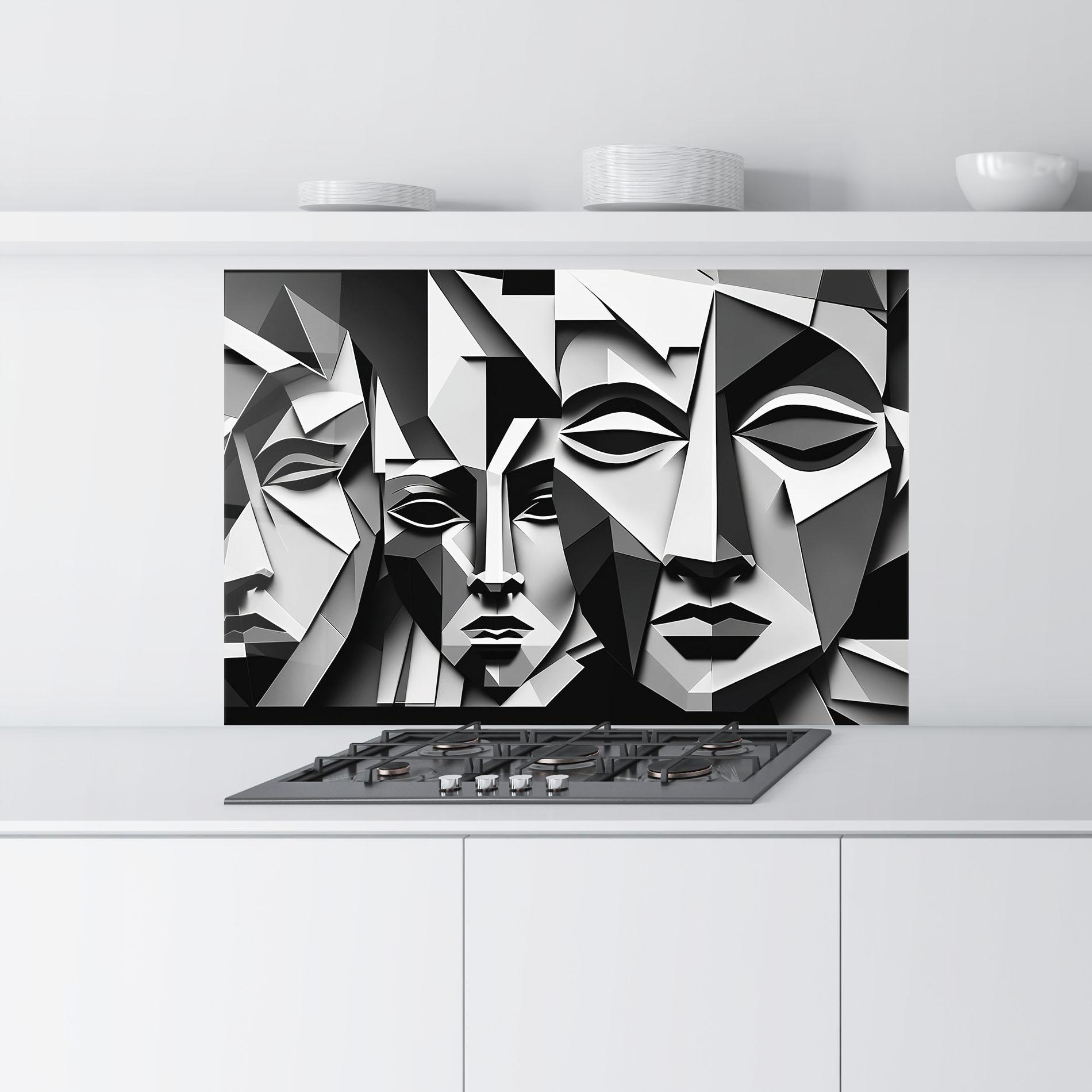 Küchenrückwand Glas Grey Faces Collage mockup 9