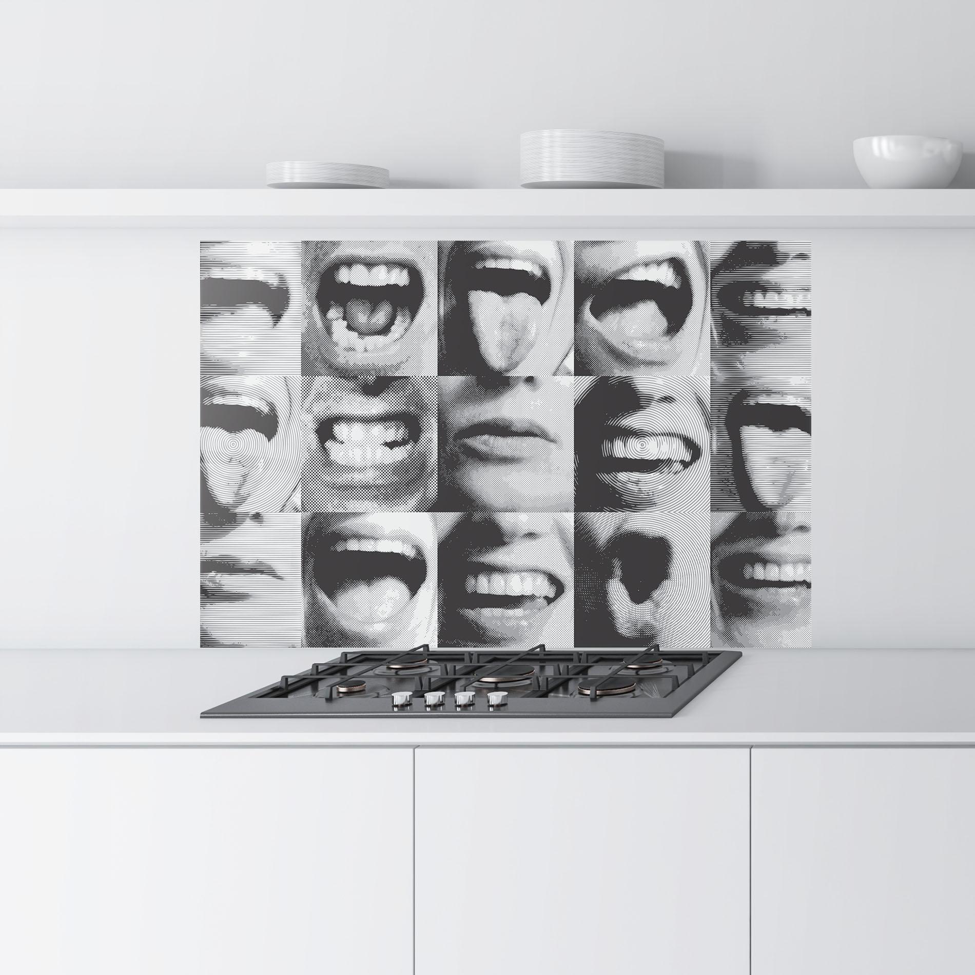 Küchenrückwand Glas Grey Mouth Collage mockup 9