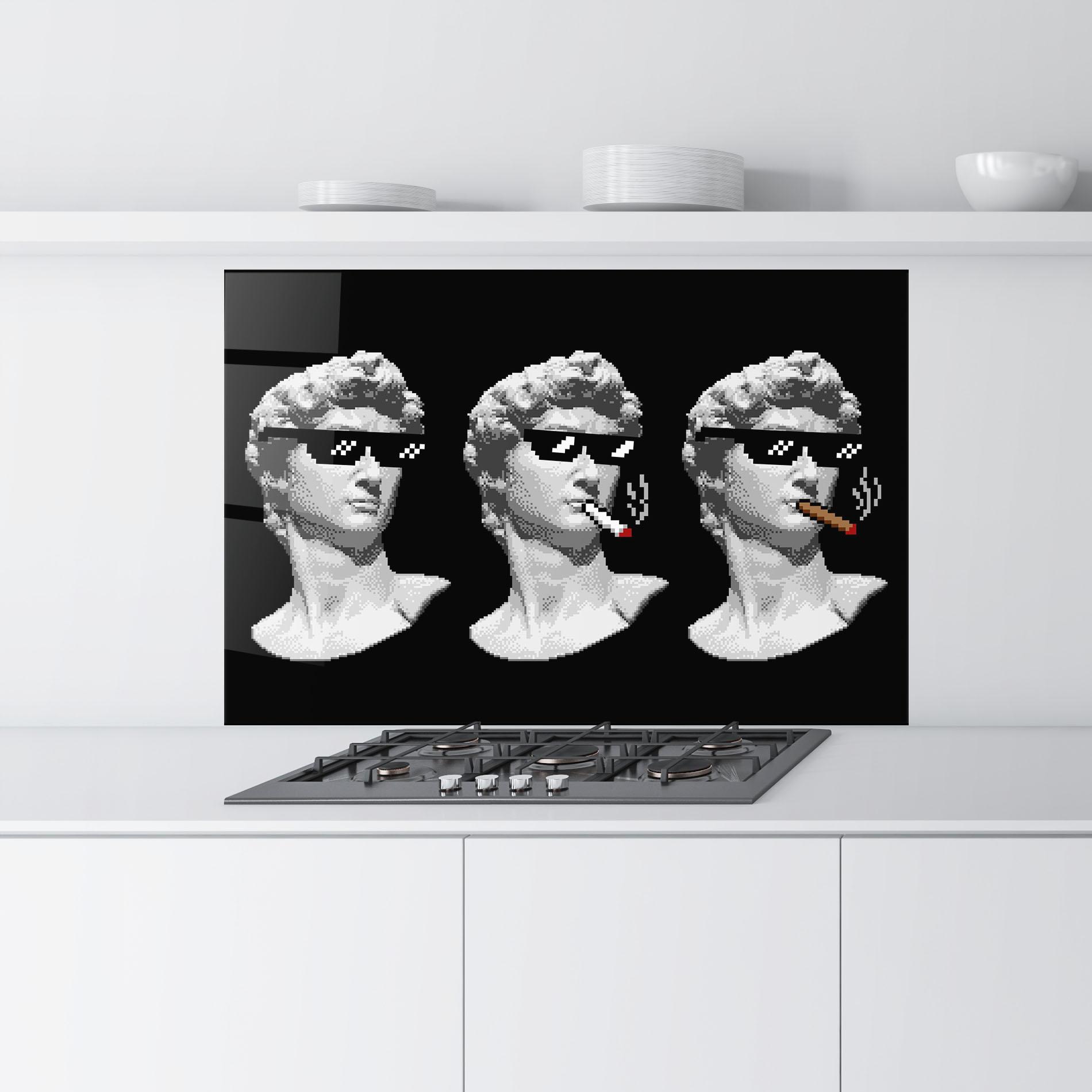 Küchenrückwand Glas Statue Smoking mockup 9