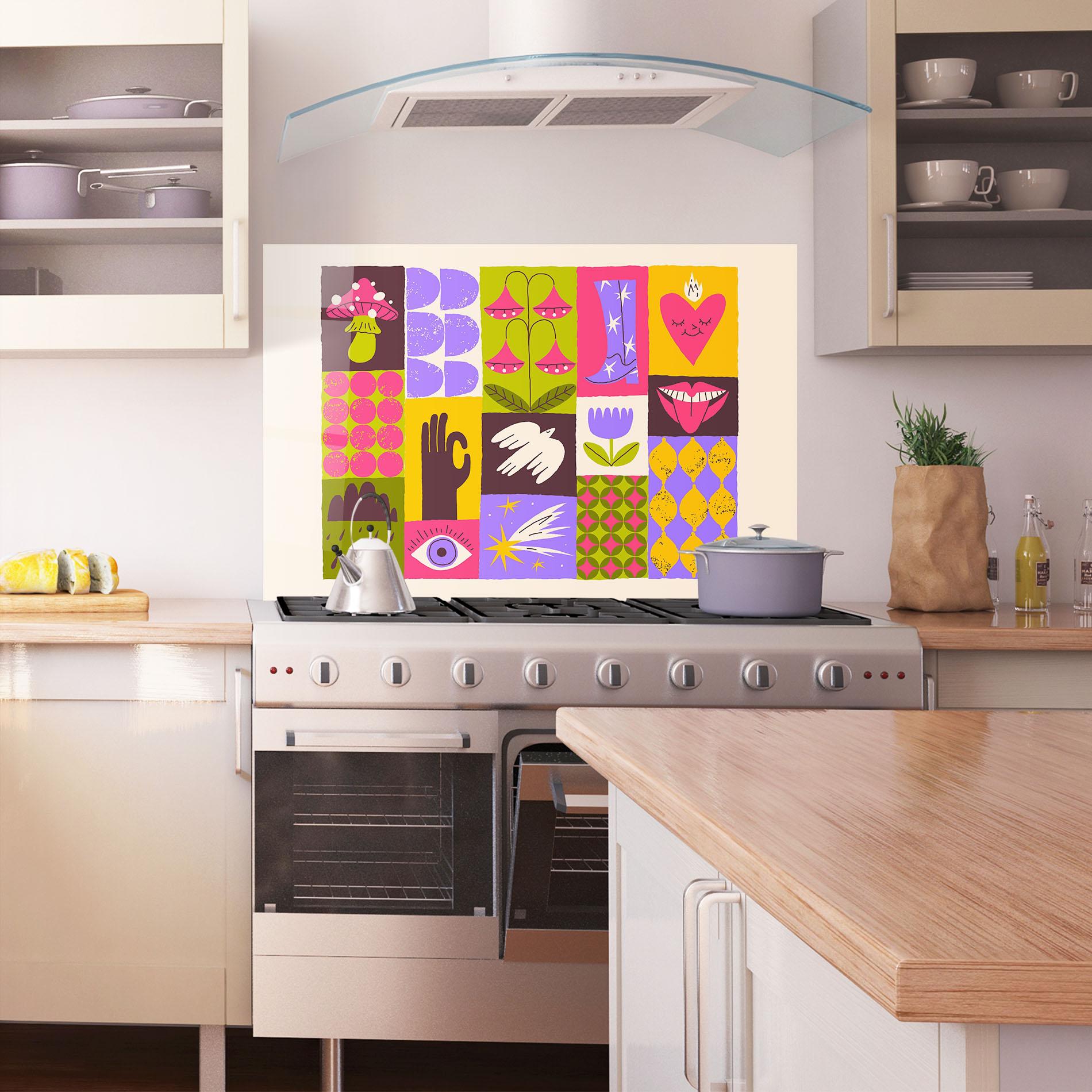 Küchenrückwand Glas Green Purple Collage mockup 1