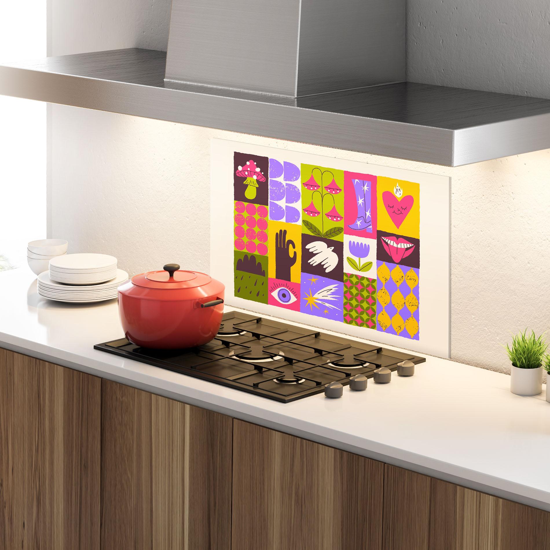 Küchenrückwand Glas Green Purple Collage mockup 4