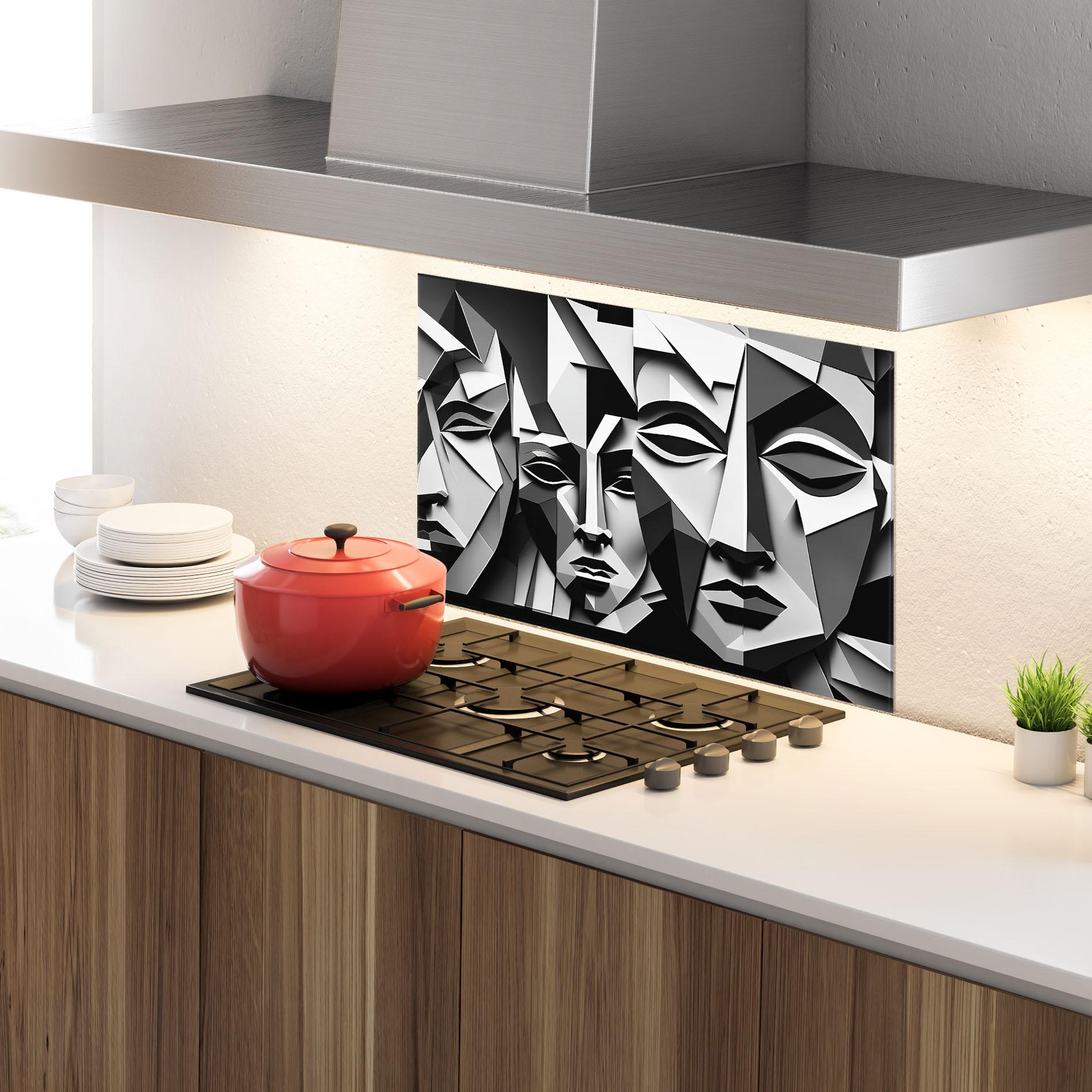 Küchenrückwand Glas Grey Faces Collage mockup 4