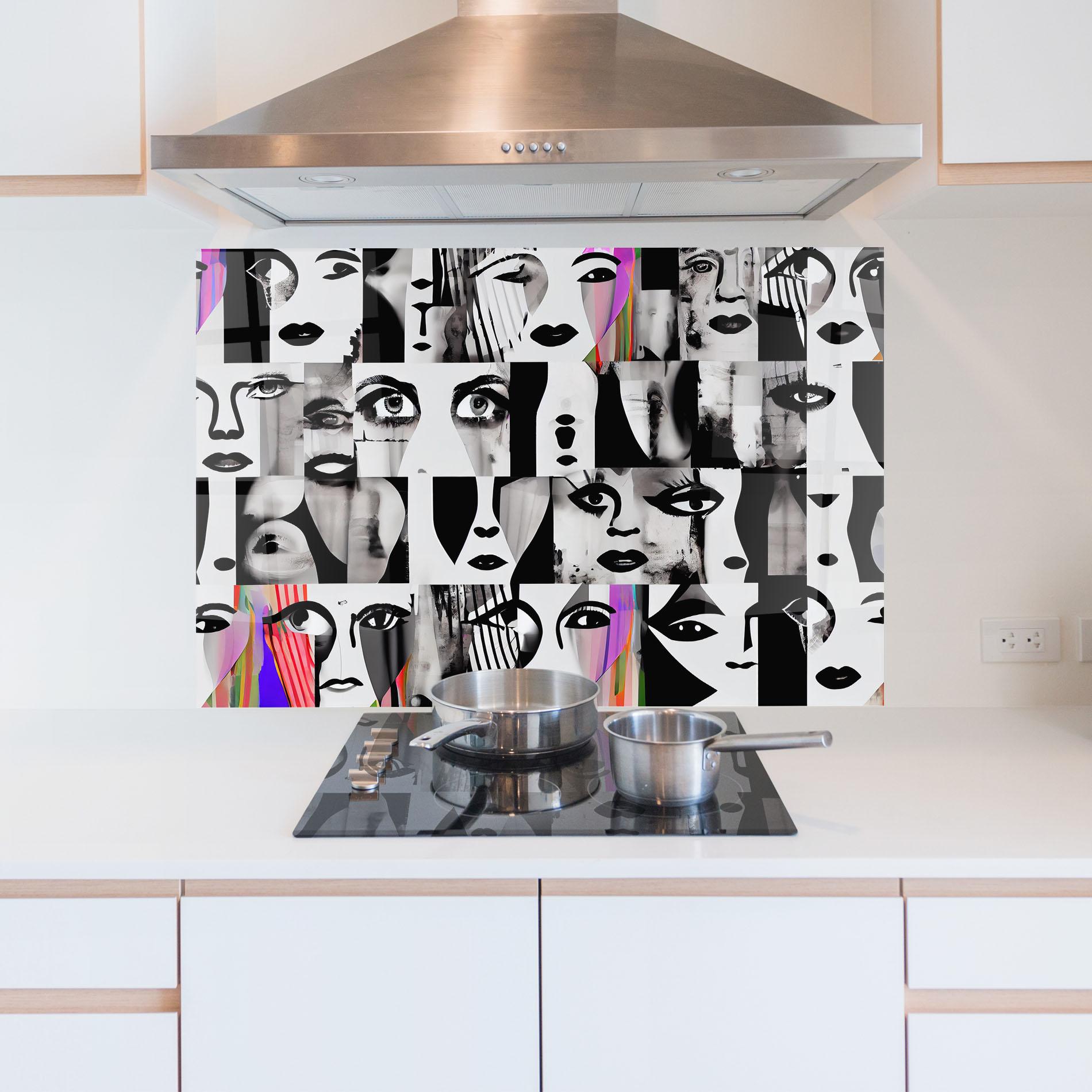 Küchenrückwand Glas Black White Face mockup 5