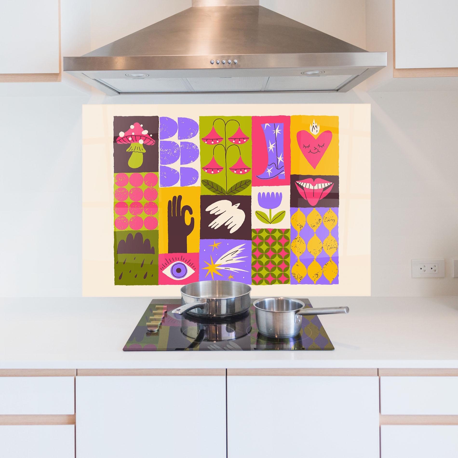 Küchenrückwand Glas Green Purple Collage mockup 5