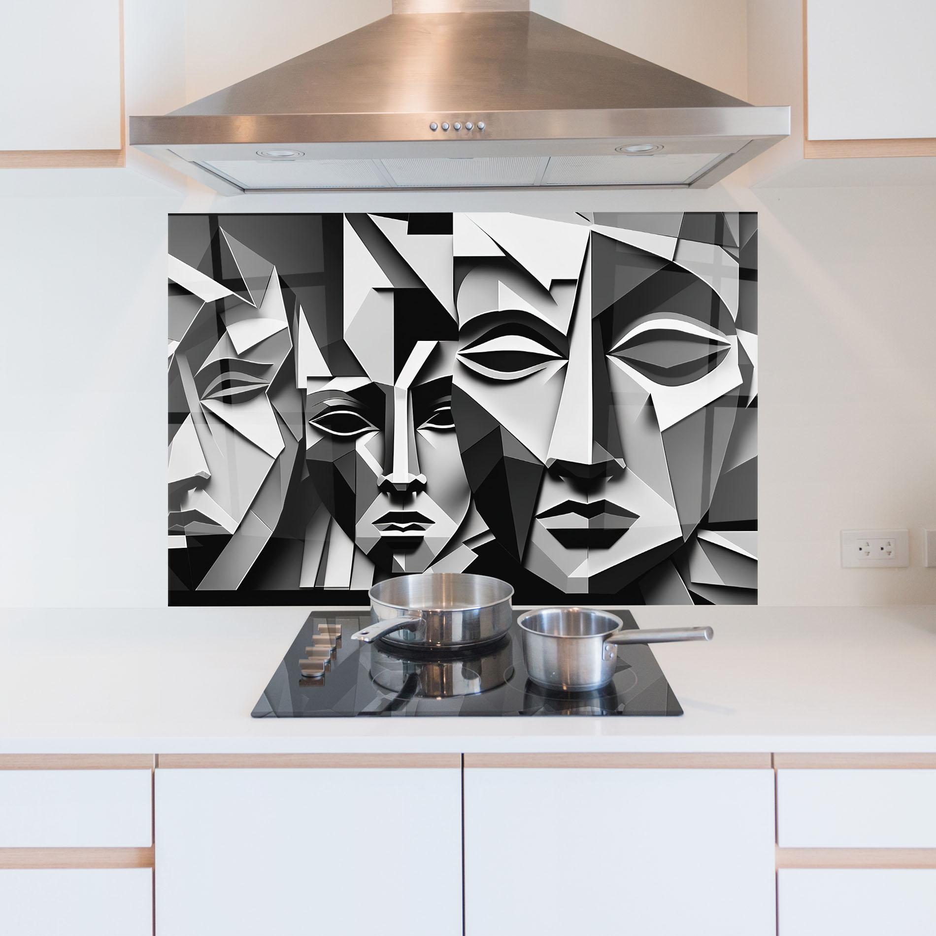 Küchenrückwand Glas Grey Faces Collage mockup 5