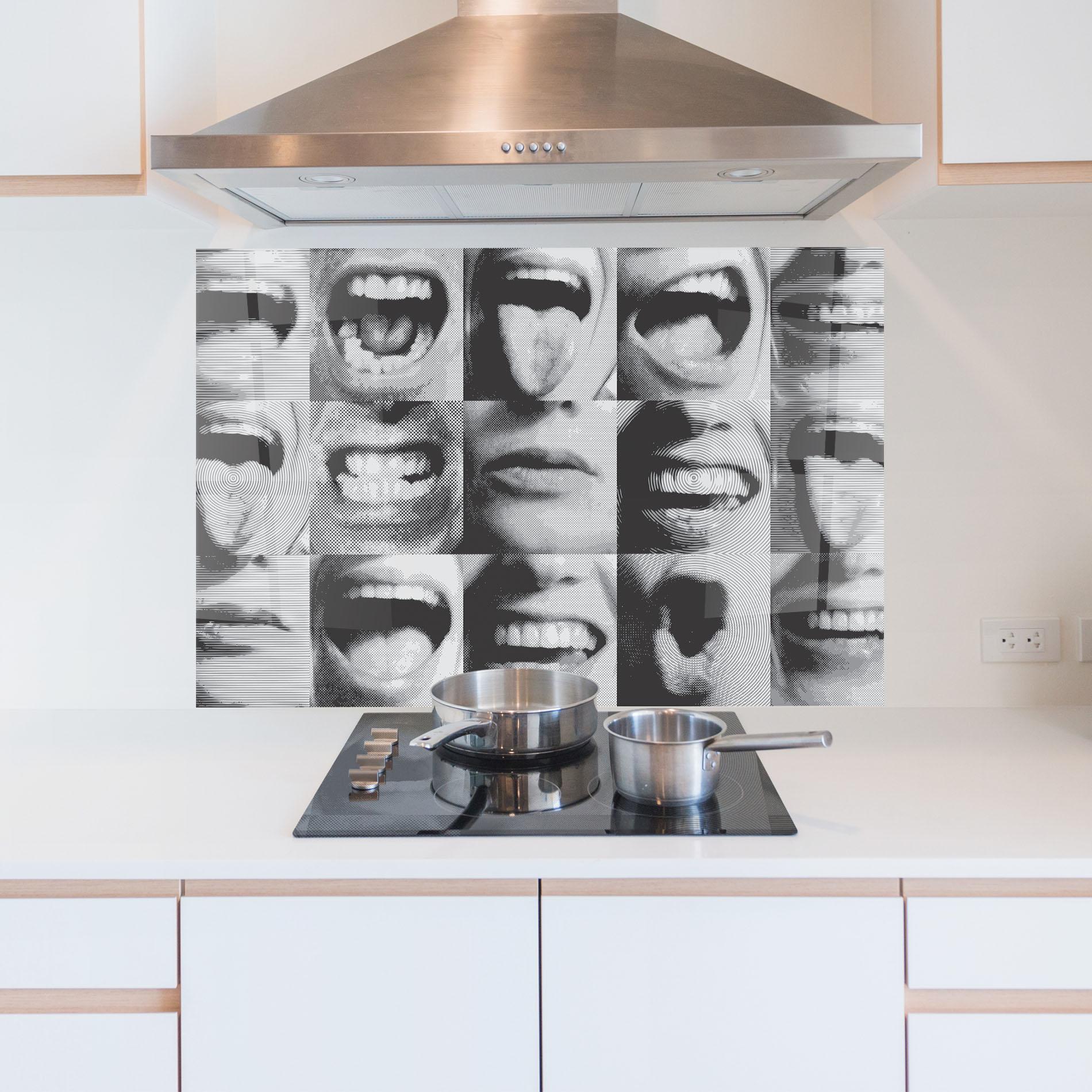 Küchenrückwand Glas Grey Mouth Collage mockup 5