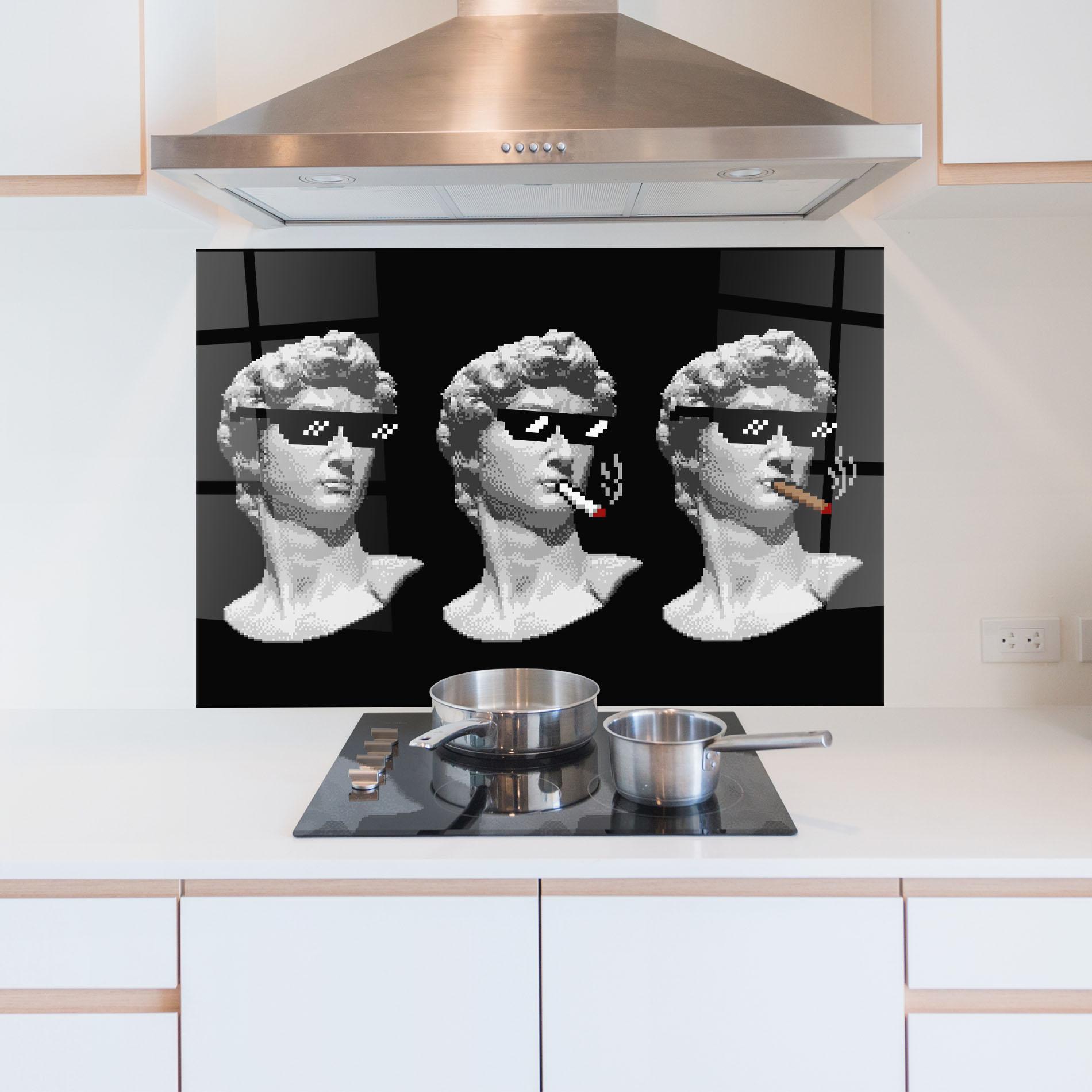 Küchenrückwand Glas Statue Smoking mockup 5