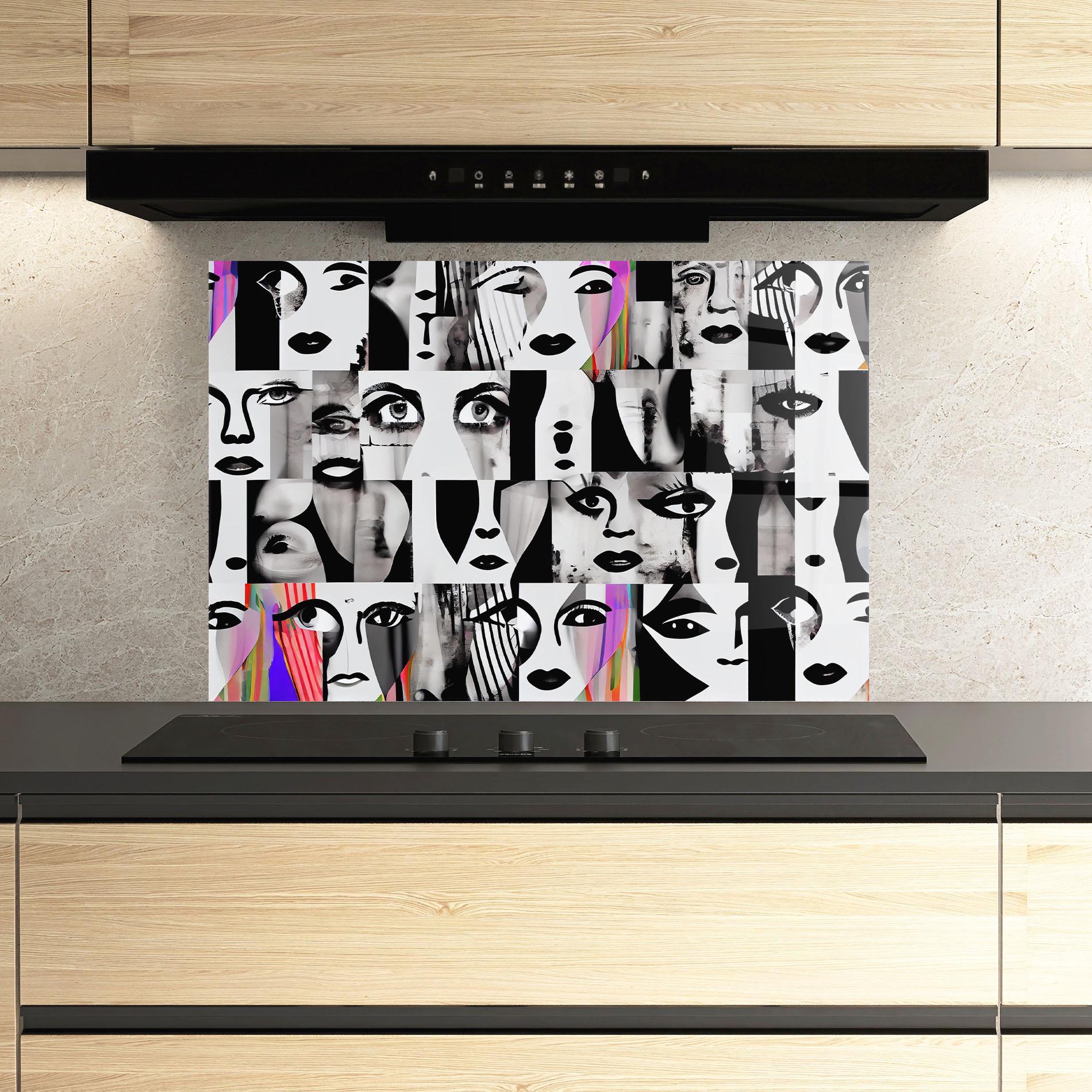 Küchenrückwand Glas Black White Face mockup 3