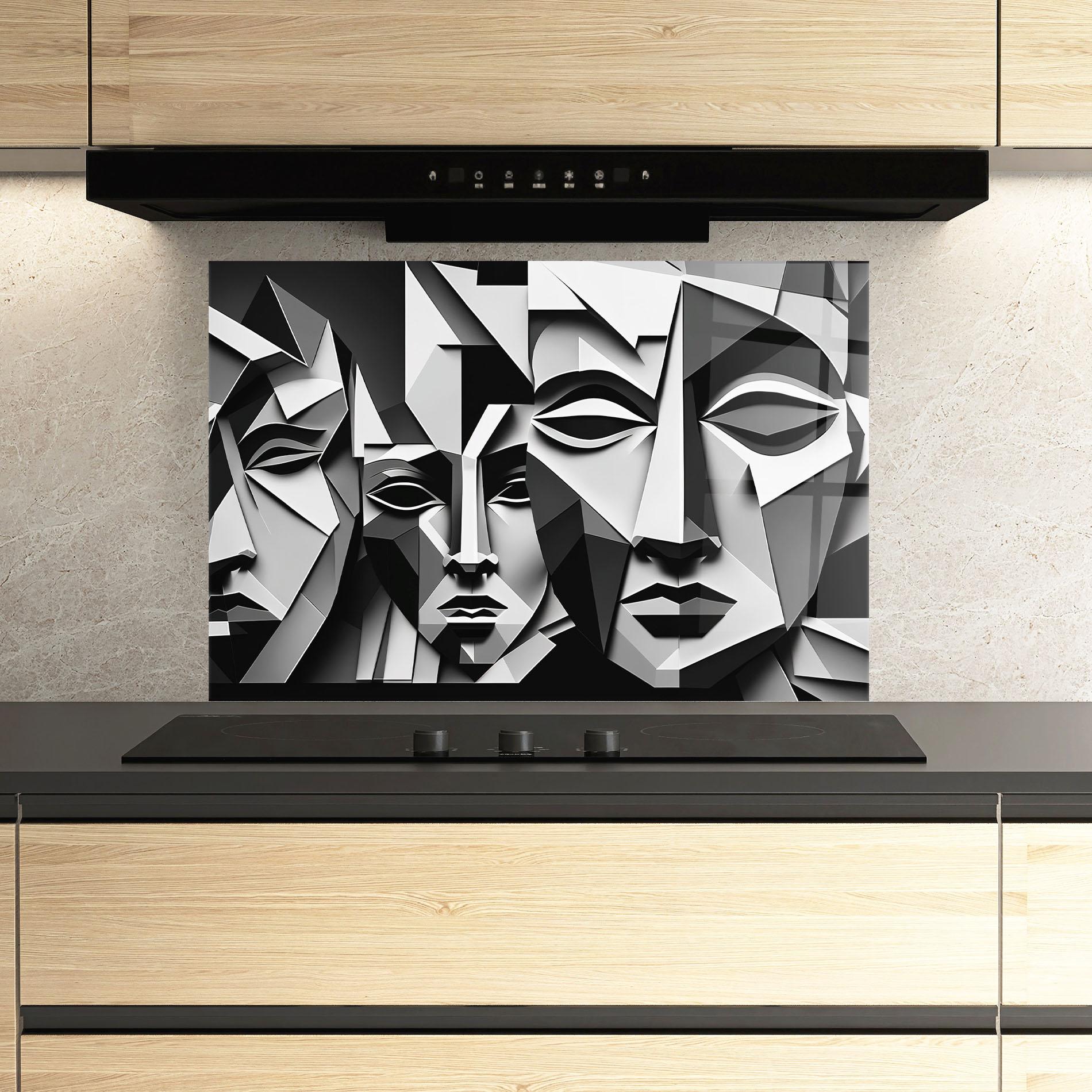Küchenrückwand Glas Grey Faces Collage mockup 3