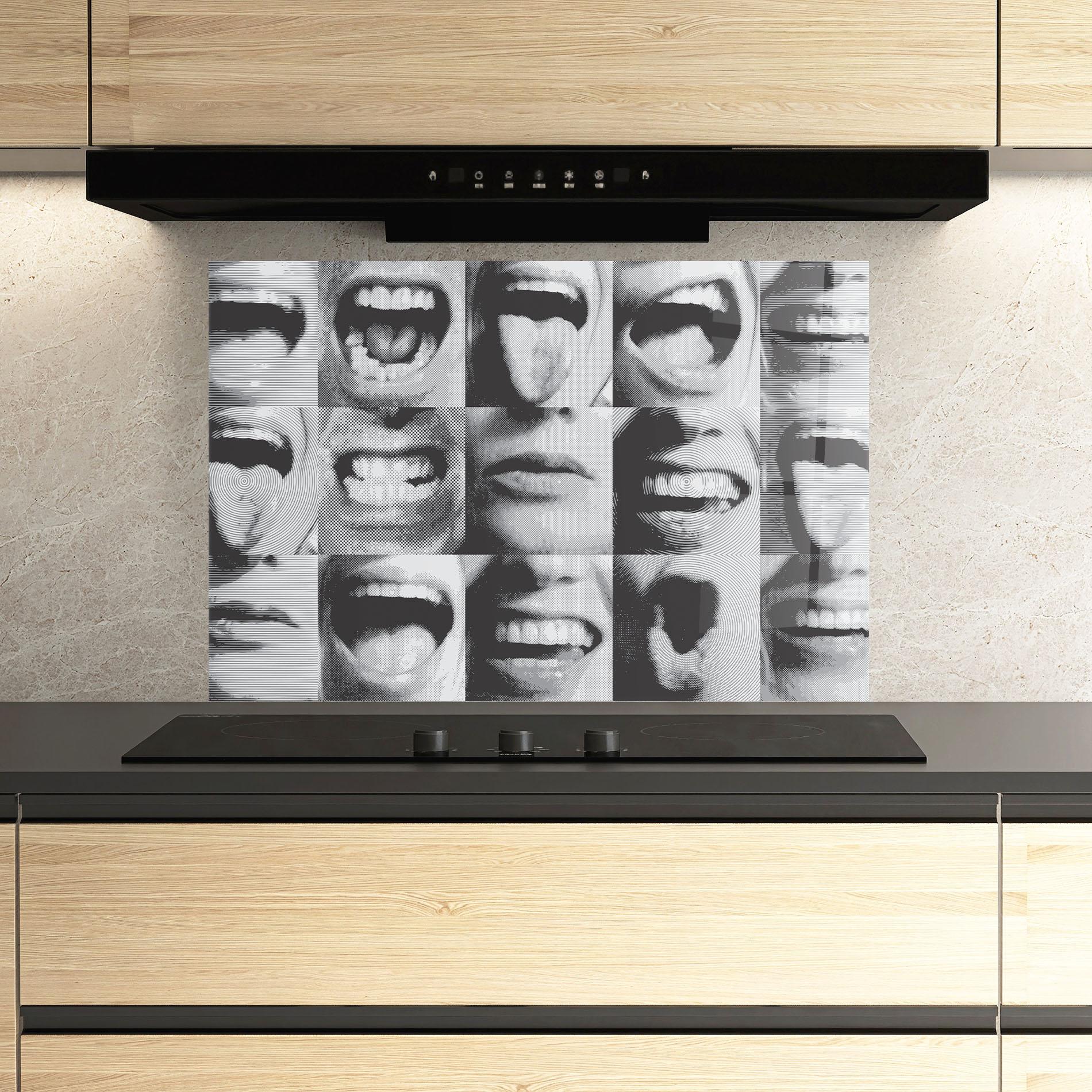Küchenrückwand Glas Grey Mouth Collage mockup 3
