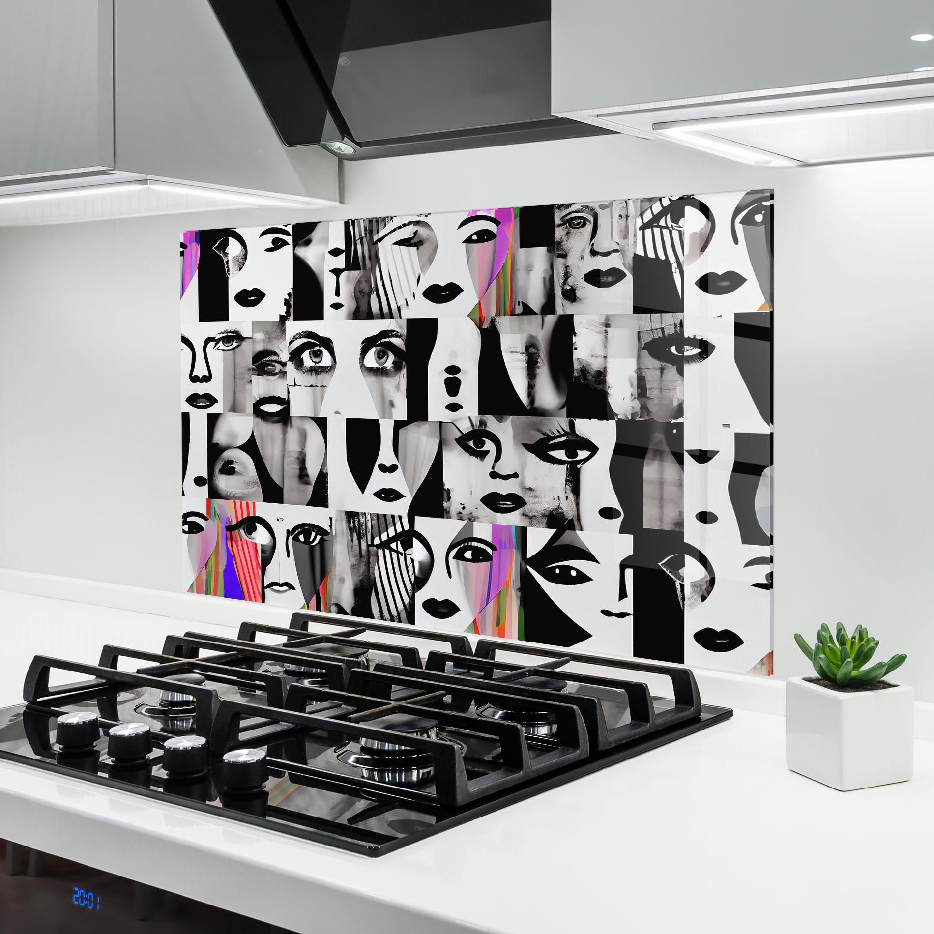 Küchenrückwand Glas Black White Face mockup 6