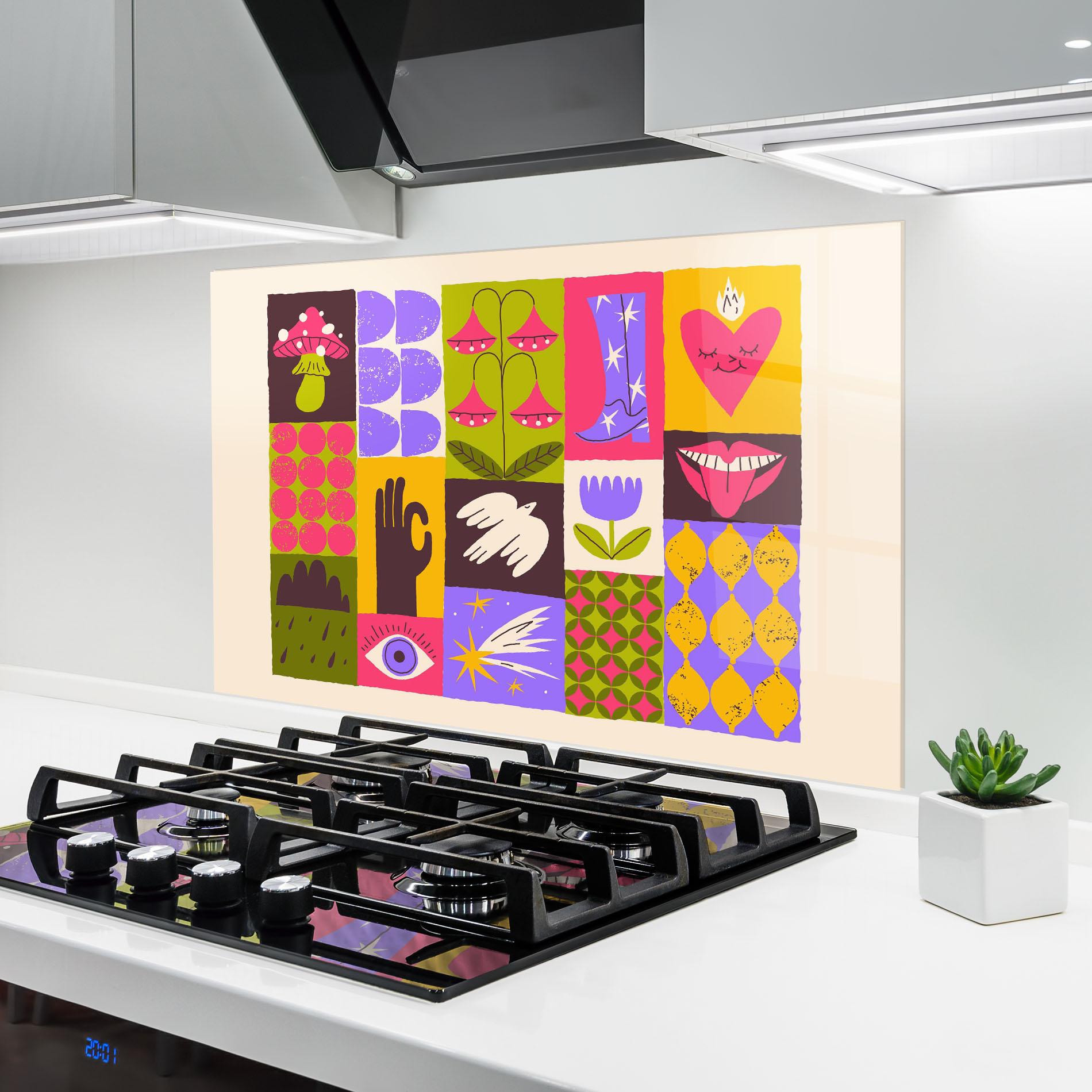 Küchenrückwand Glas Green Purple Collage mockup 6