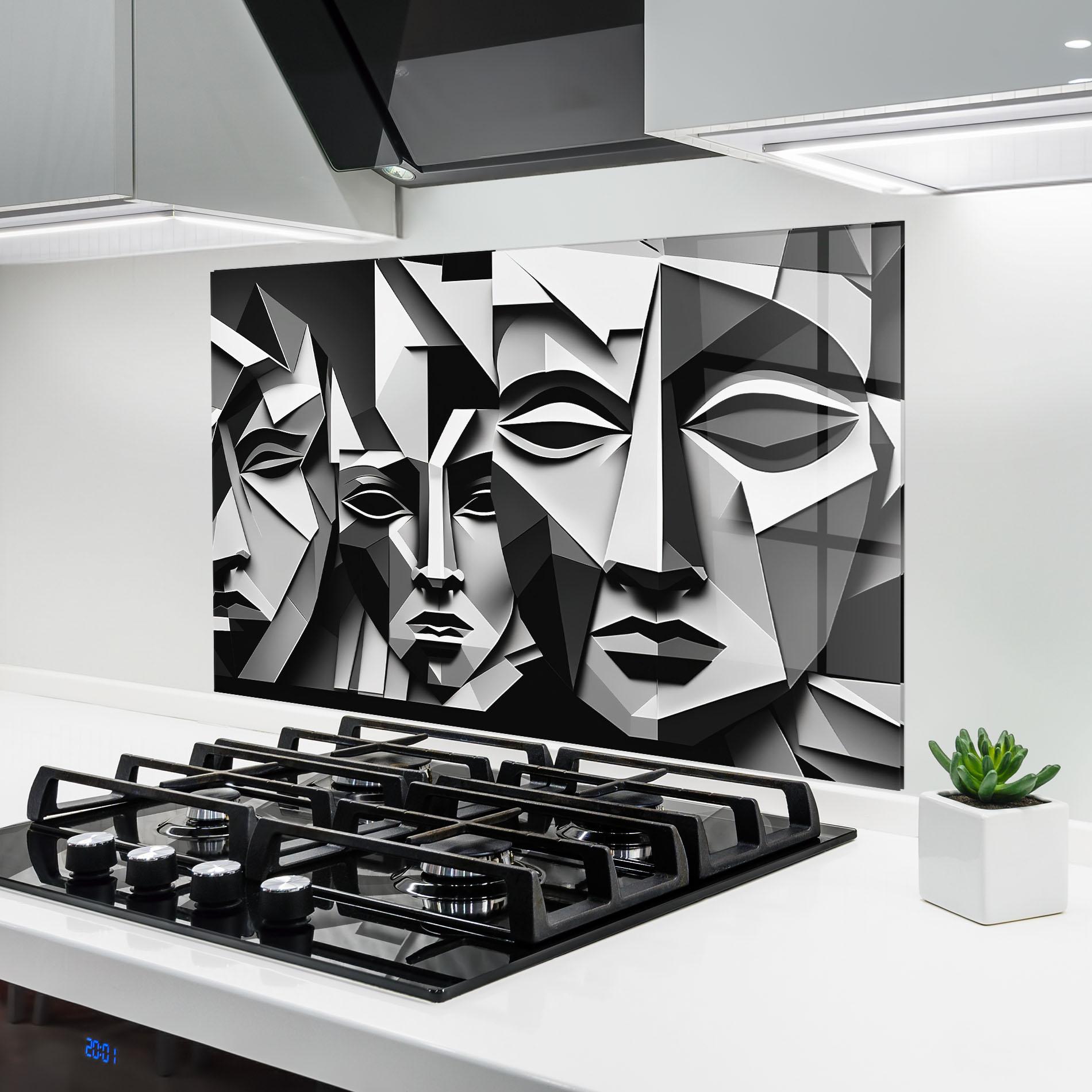 Küchenrückwand Glas Grey Faces Collage mockup 6