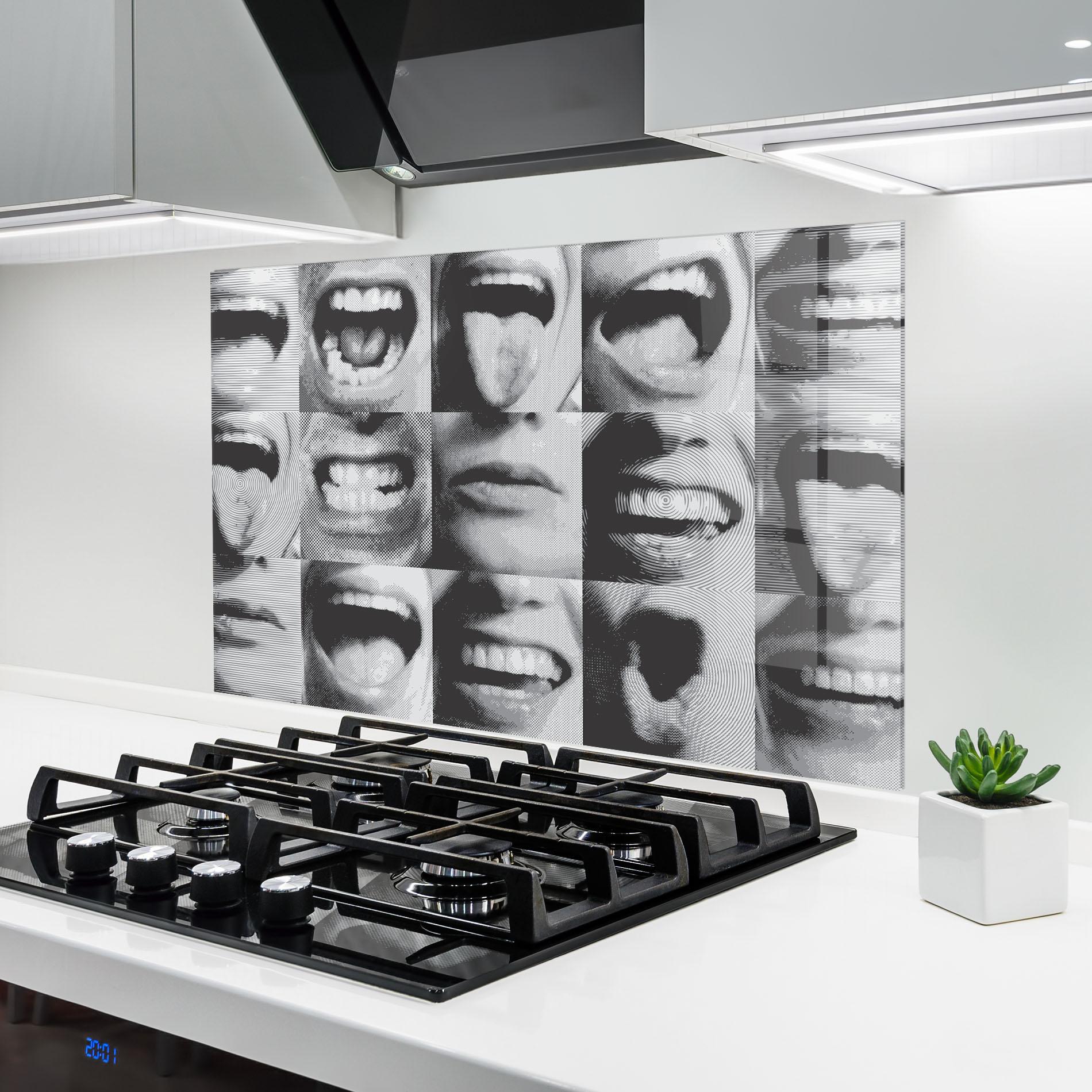 Küchenrückwand Glas Grey Mouth Collage mockup 6