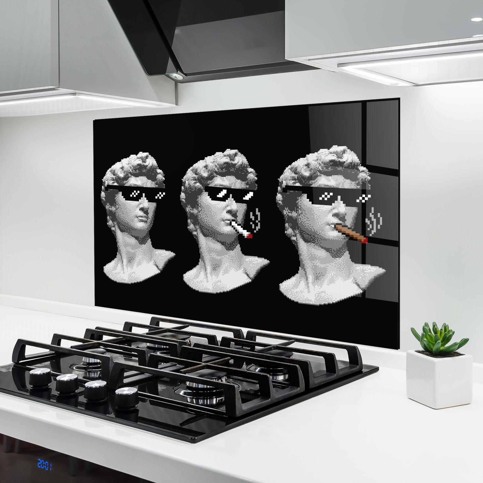 Küchenrückwand Glas Statue Smoking mockup 6