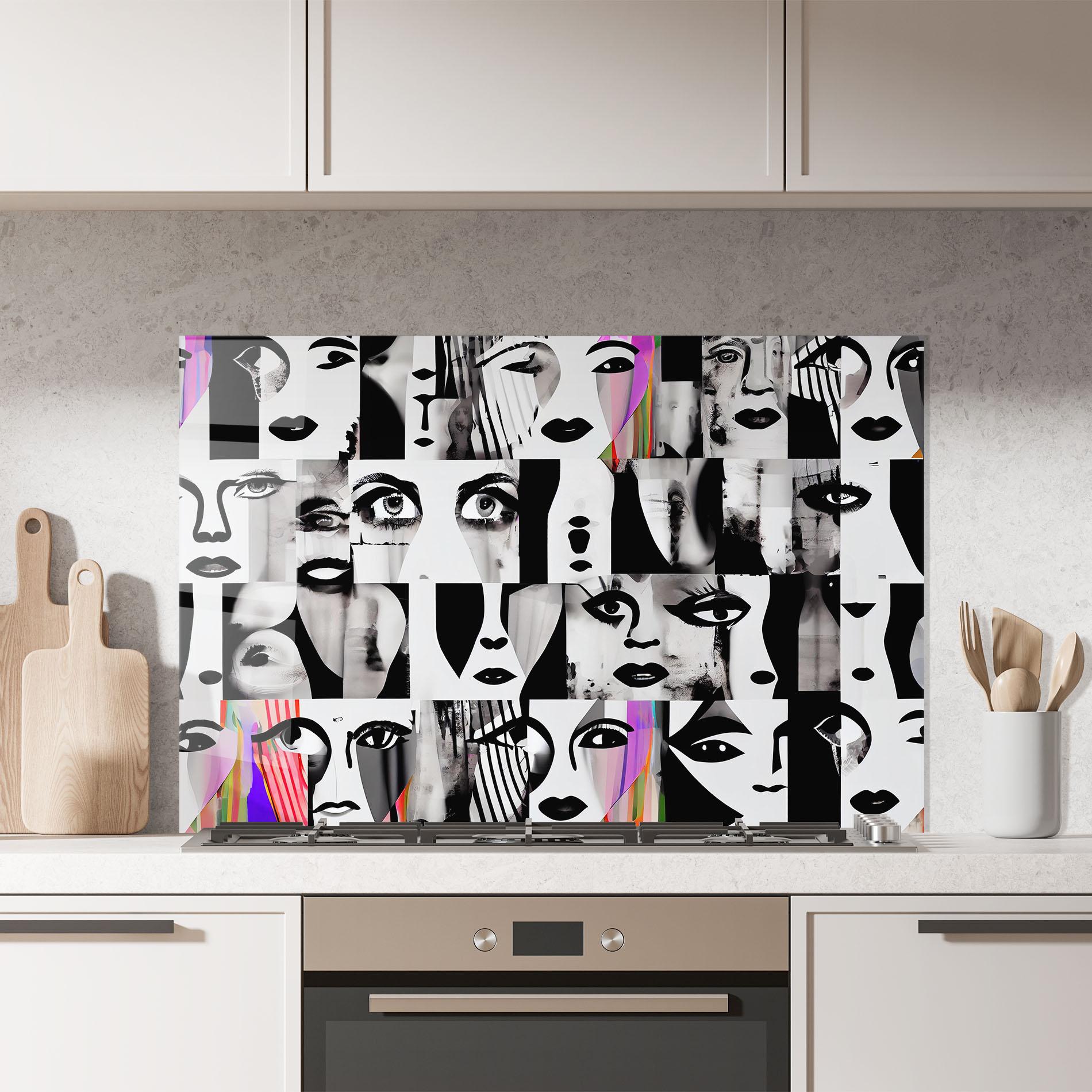 Küchenrückwand Glas Black White Face mockup 7