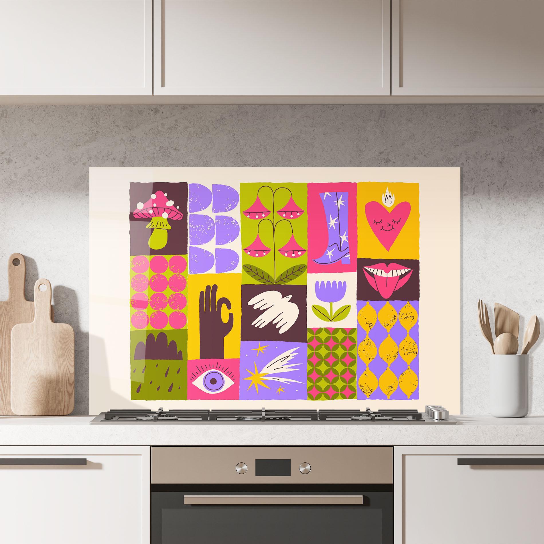 Küchenrückwand Glas Green Purple Collage mockup 7