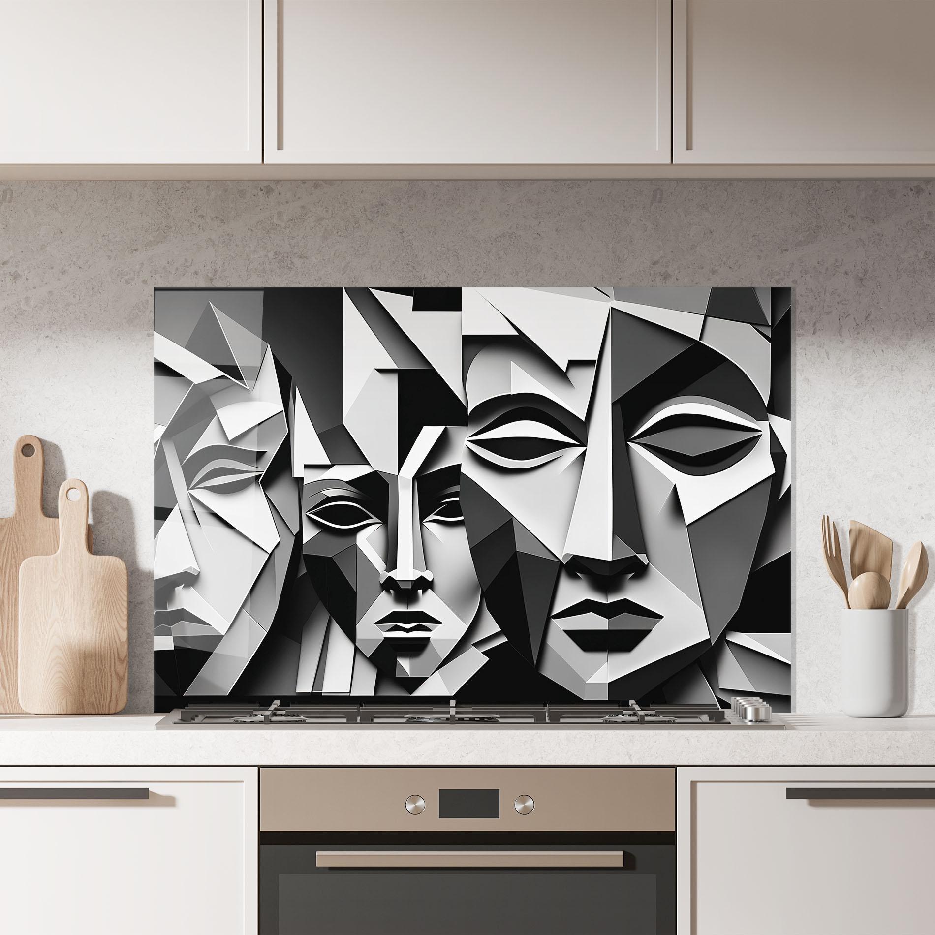 Küchenrückwand Glas Grey Faces Collage mockup 7