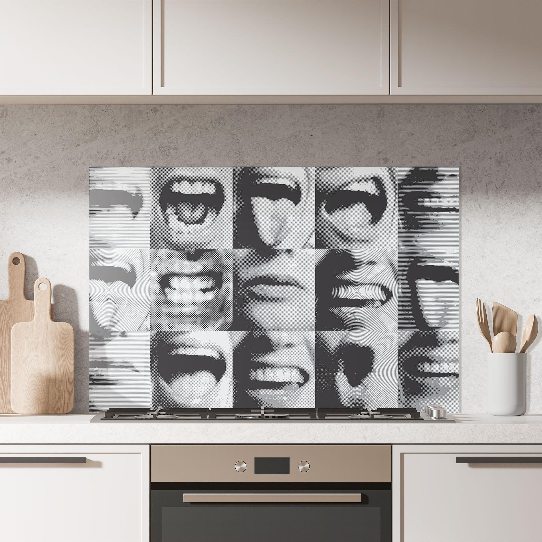 Küchenrückwand Glas Grey Mouth Collage mockup 7