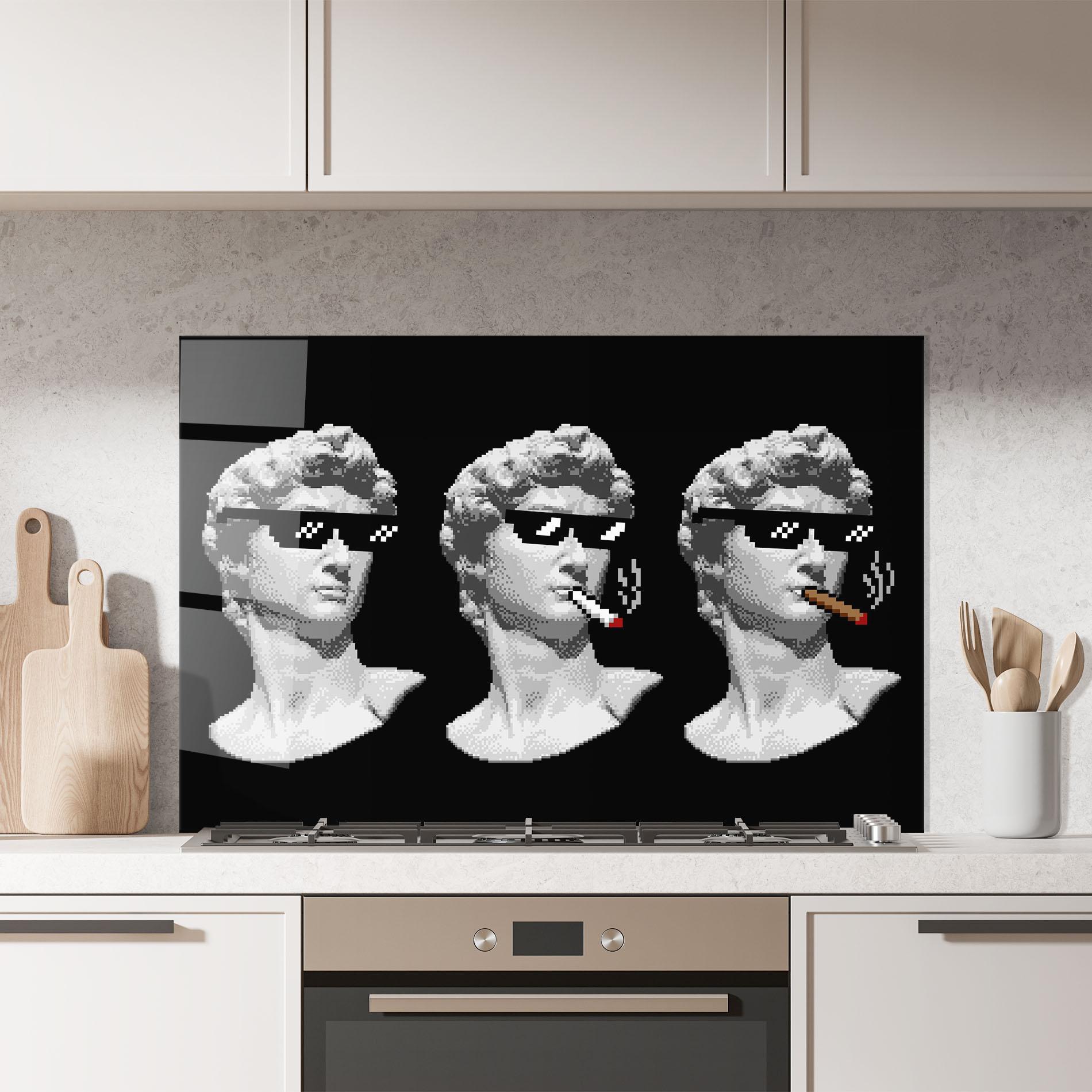 Küchenrückwand Glas Statue Smoking mockup 7