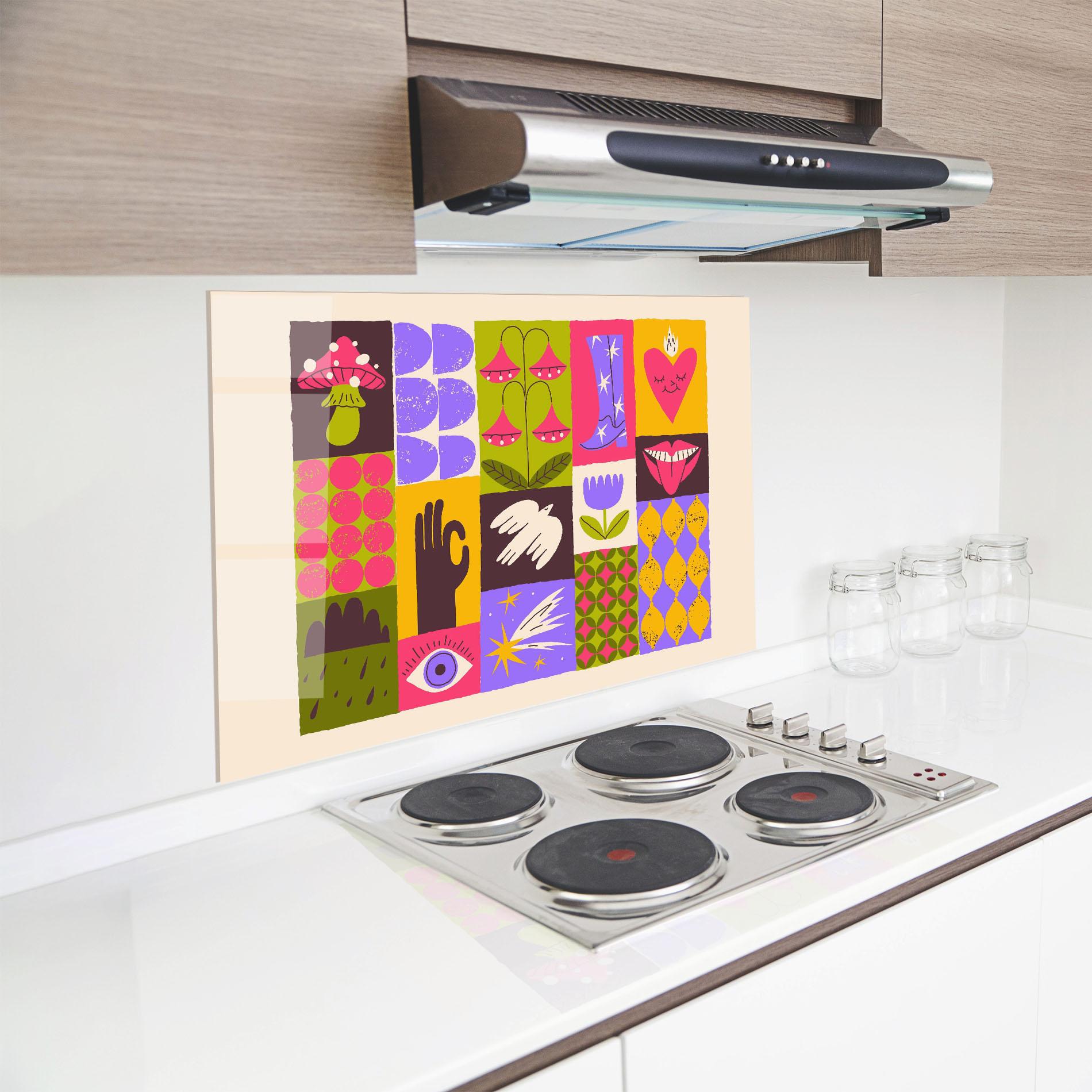 Küchenrückwand Glas Green Purple Collage mockup 8