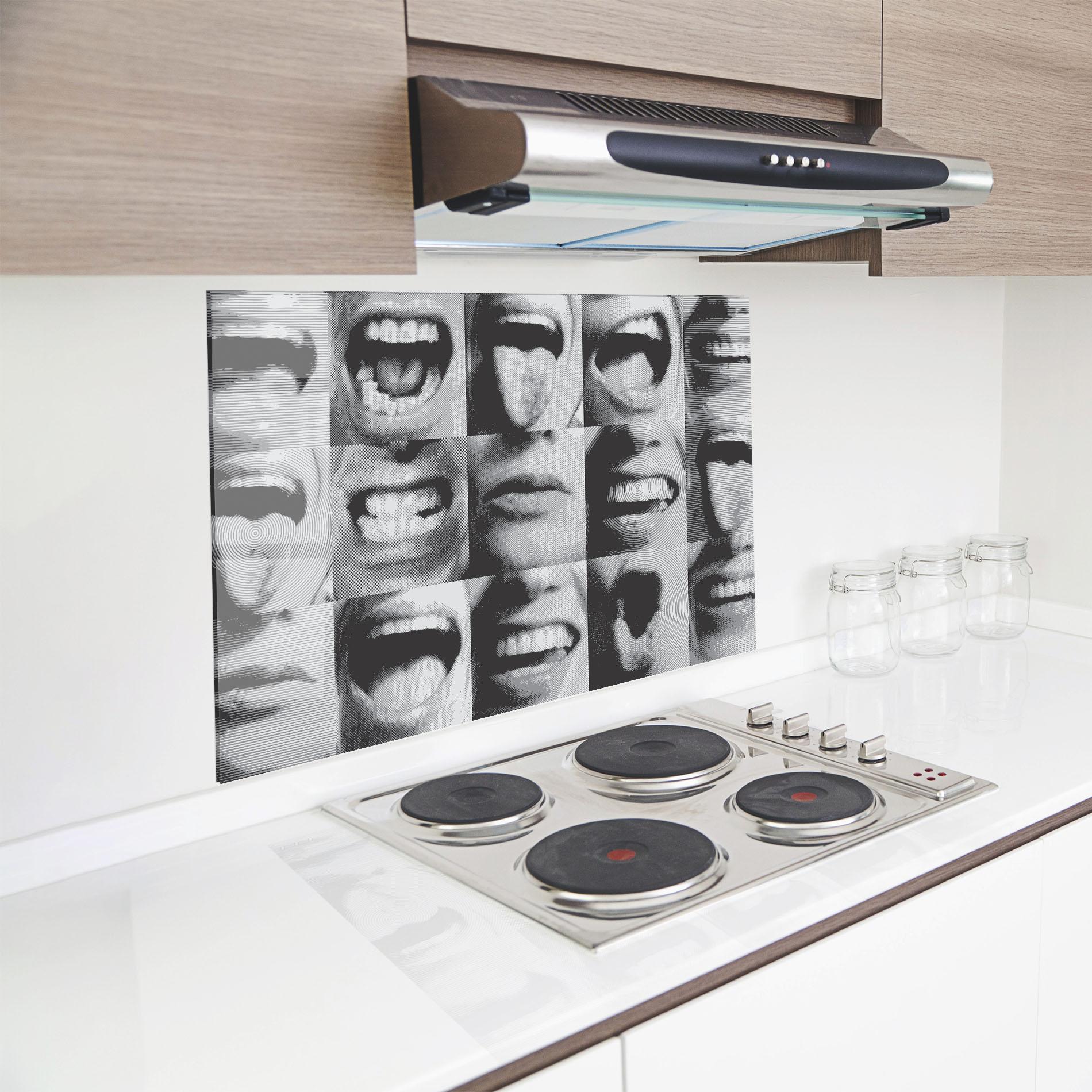 Küchenrückwand Glas Grey Mouth Collage mockup 8