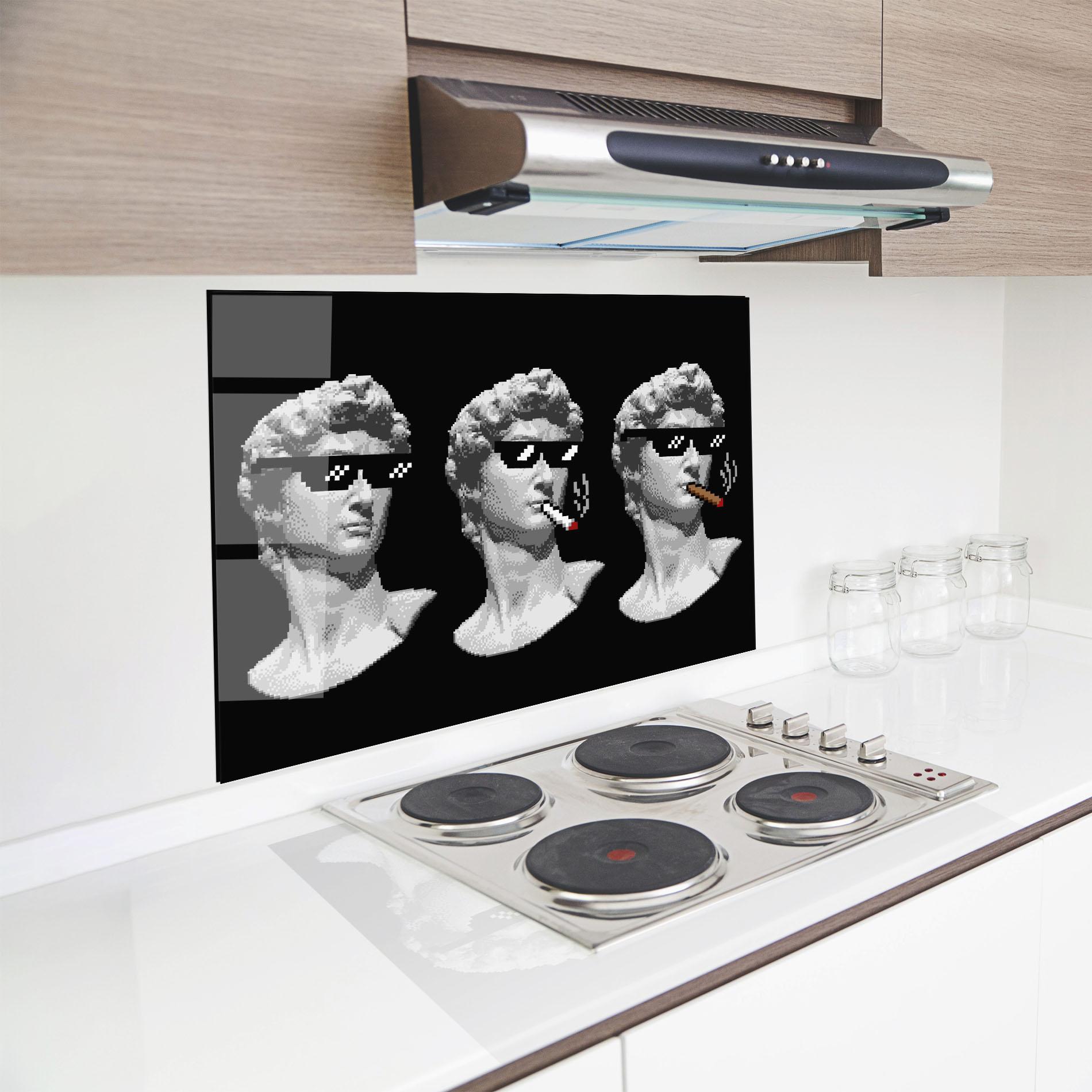 Küchenrückwand Glas Statue Smoking mockup 8