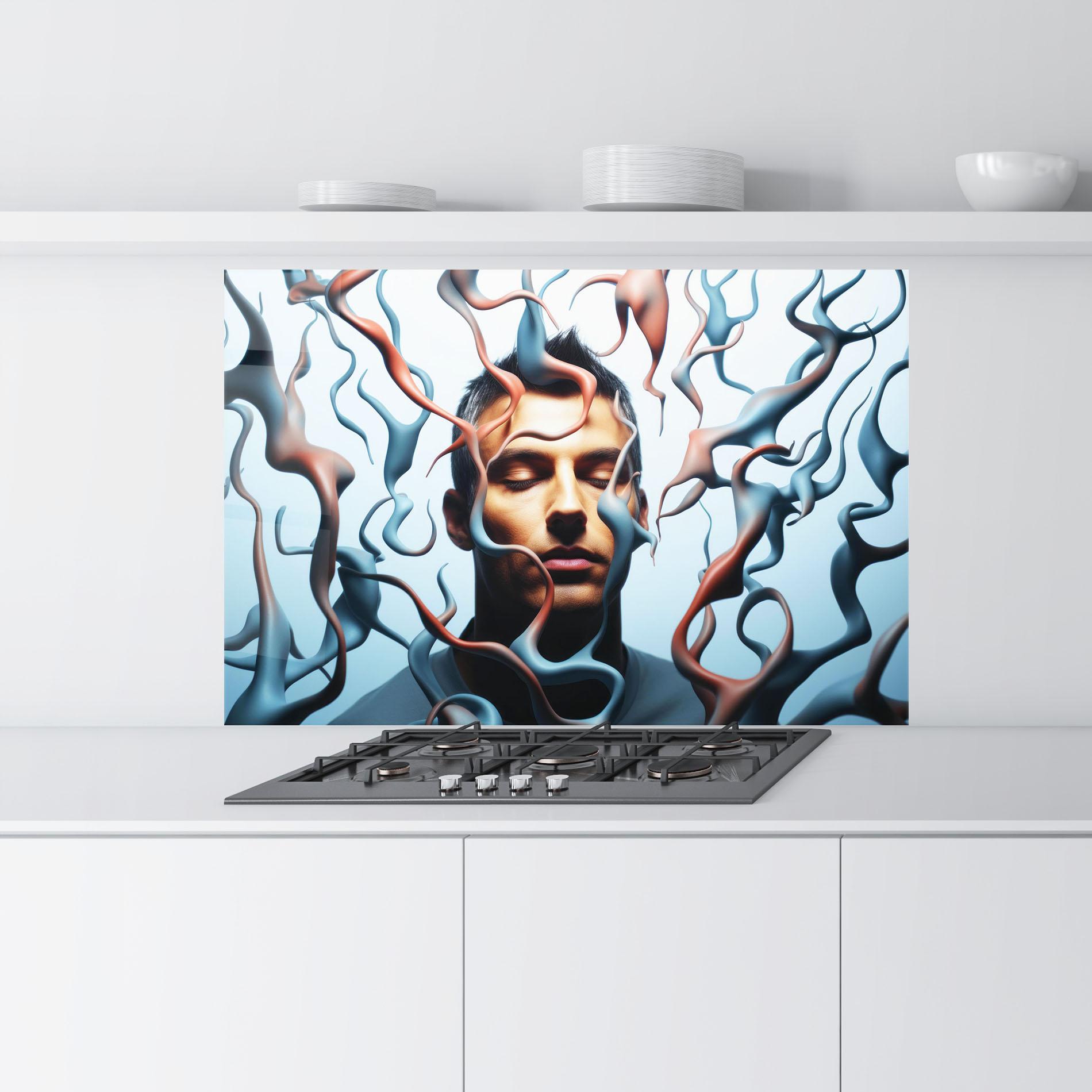 Küchenrückwand Glas Blue Red Swirls mockup 9