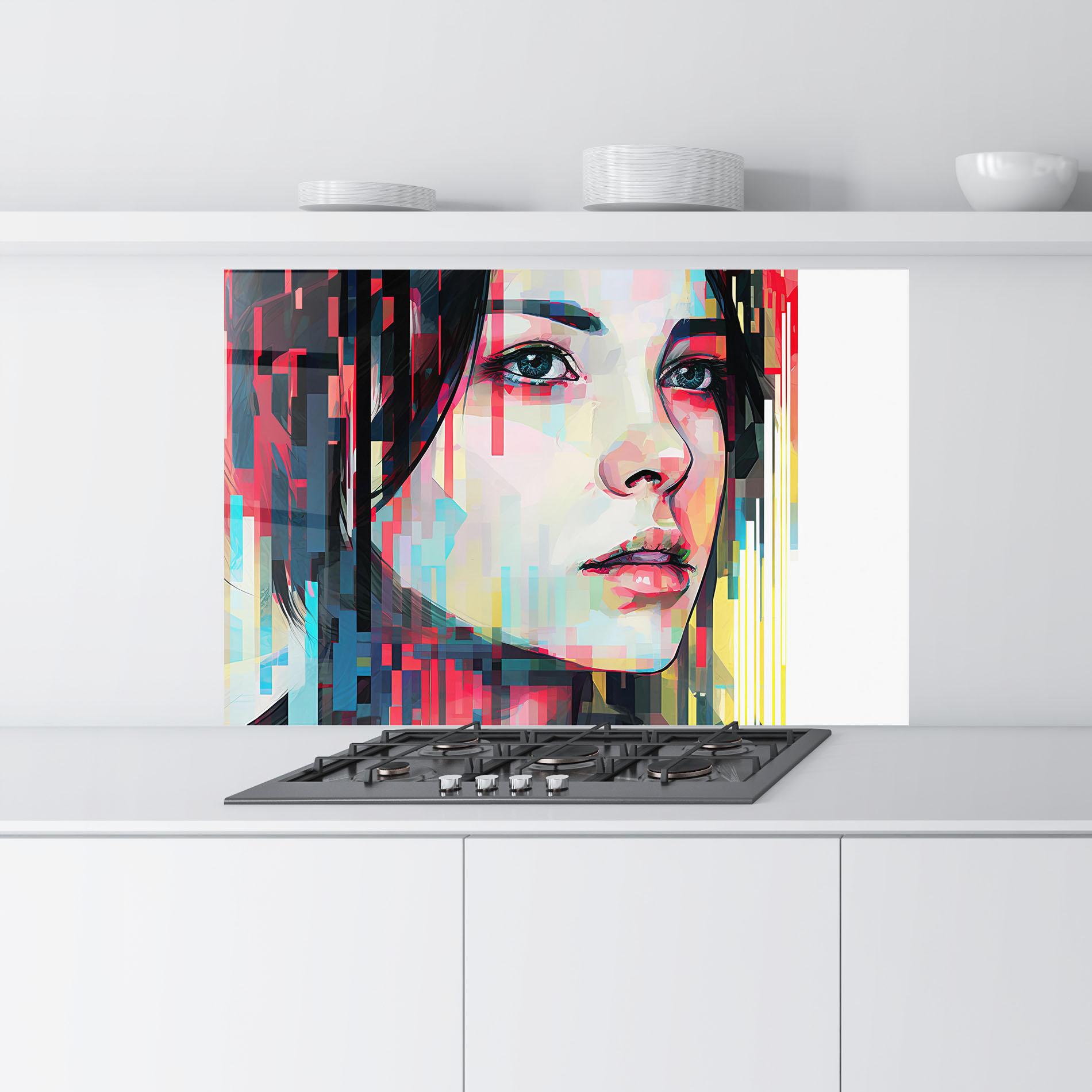 Küchenrückwand Glas Colorful Glitchy Girl mockup 9