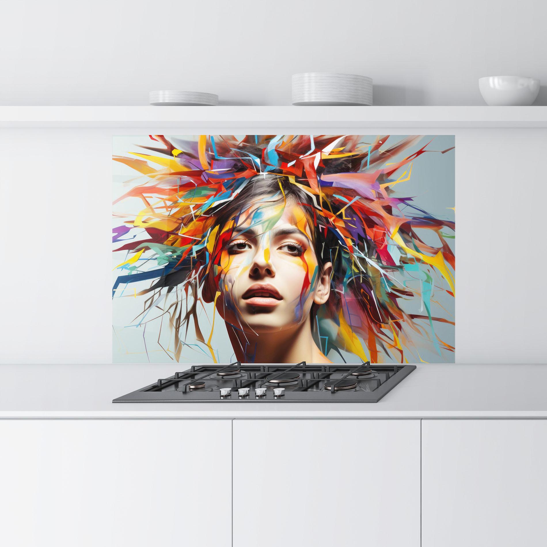 Küchenrückwand Glas Colorful Paint Hair mockup 9
