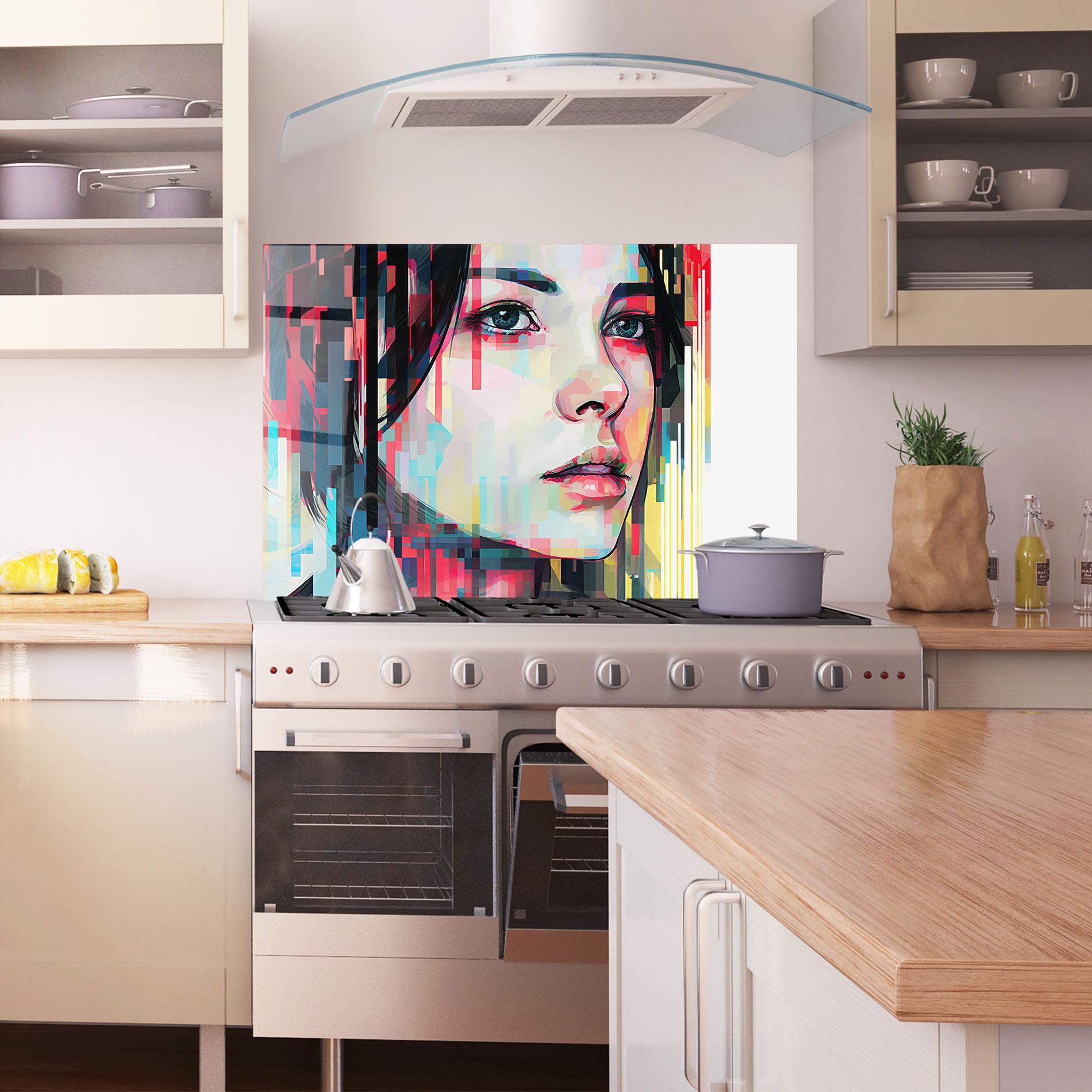 Küchenrückwand Glas Colorful Glitchy Girl mockup 1