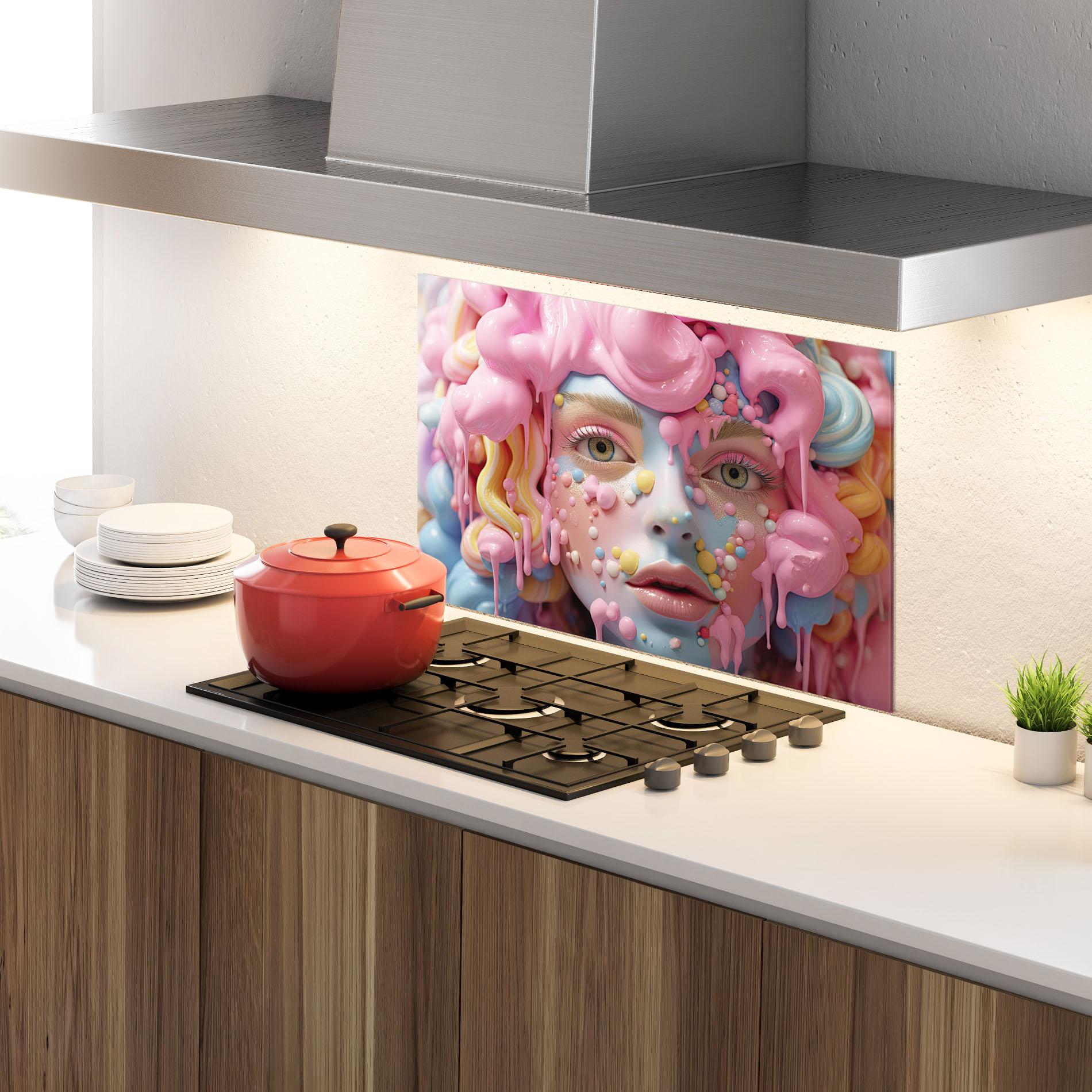 Küchenrückwand Glas Candy Face Girl mockup 4
