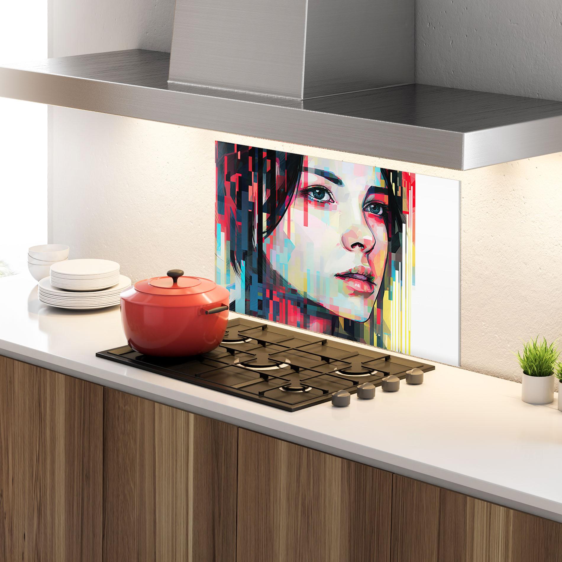 Küchenrückwand Glas Colorful Glitchy Girl mockup 4