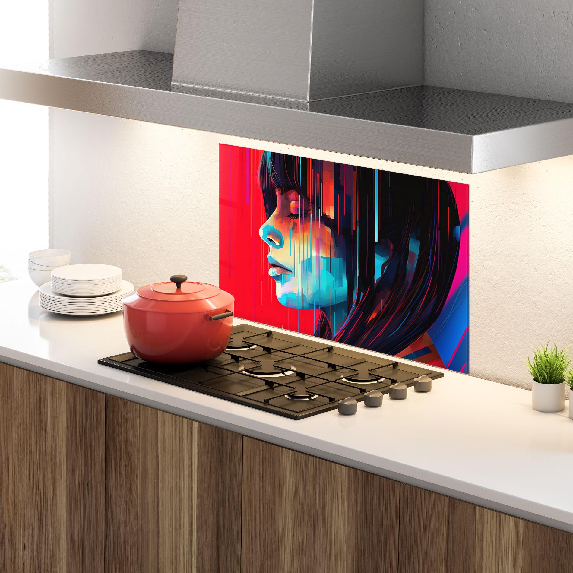 Küchenrückwand Glas Colorful Glitchy Portrait mockup 4