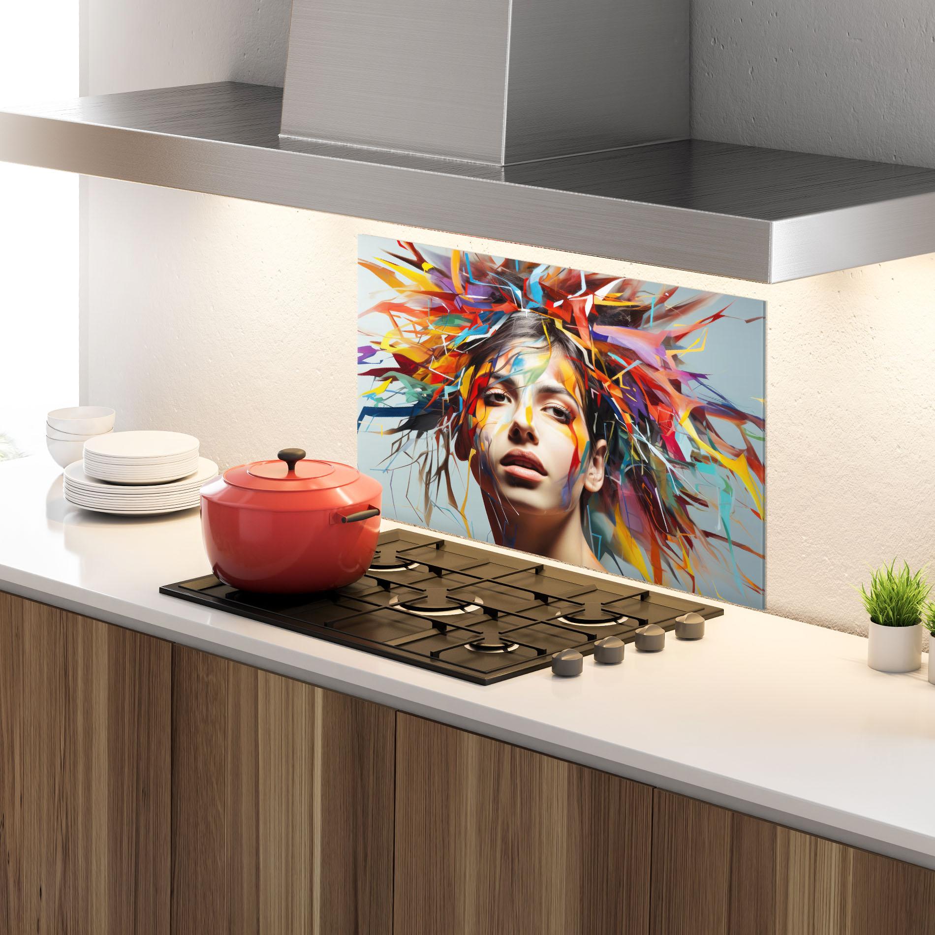 Küchenrückwand Glas Colorful Paint Hair mockup 4